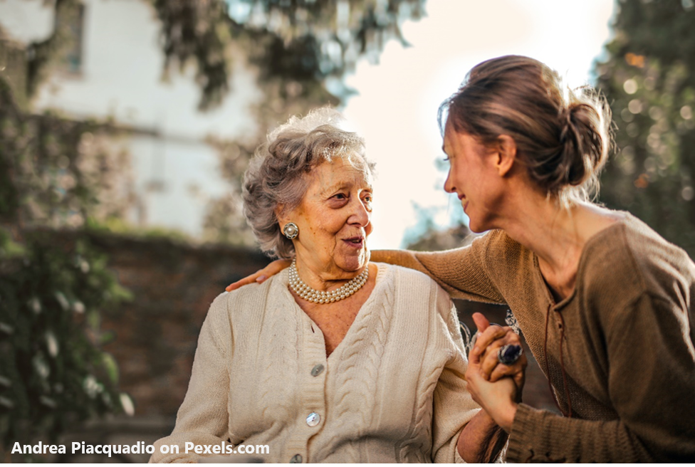 Joyful adult daughter greeting happy surprised senior mother in garden via Andrea Piacquadio on Pexe
