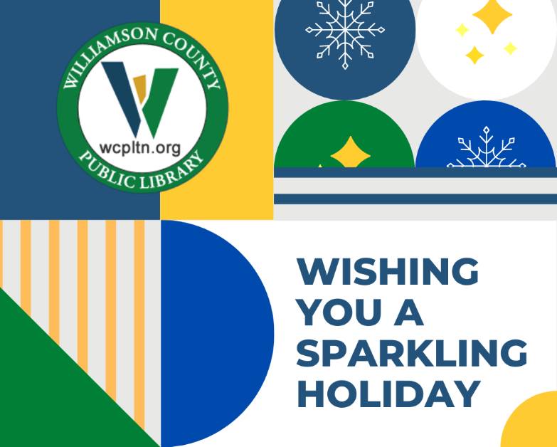 wishing you a sparkling holiday with library logo and geometric shapes