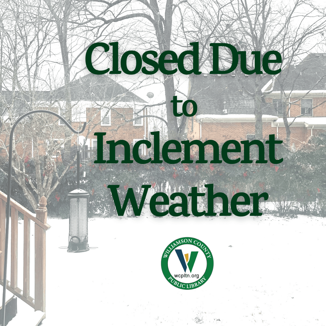 Closed Due to Inclement Weather. Image of snow covered backyard with bird feeder, bushes