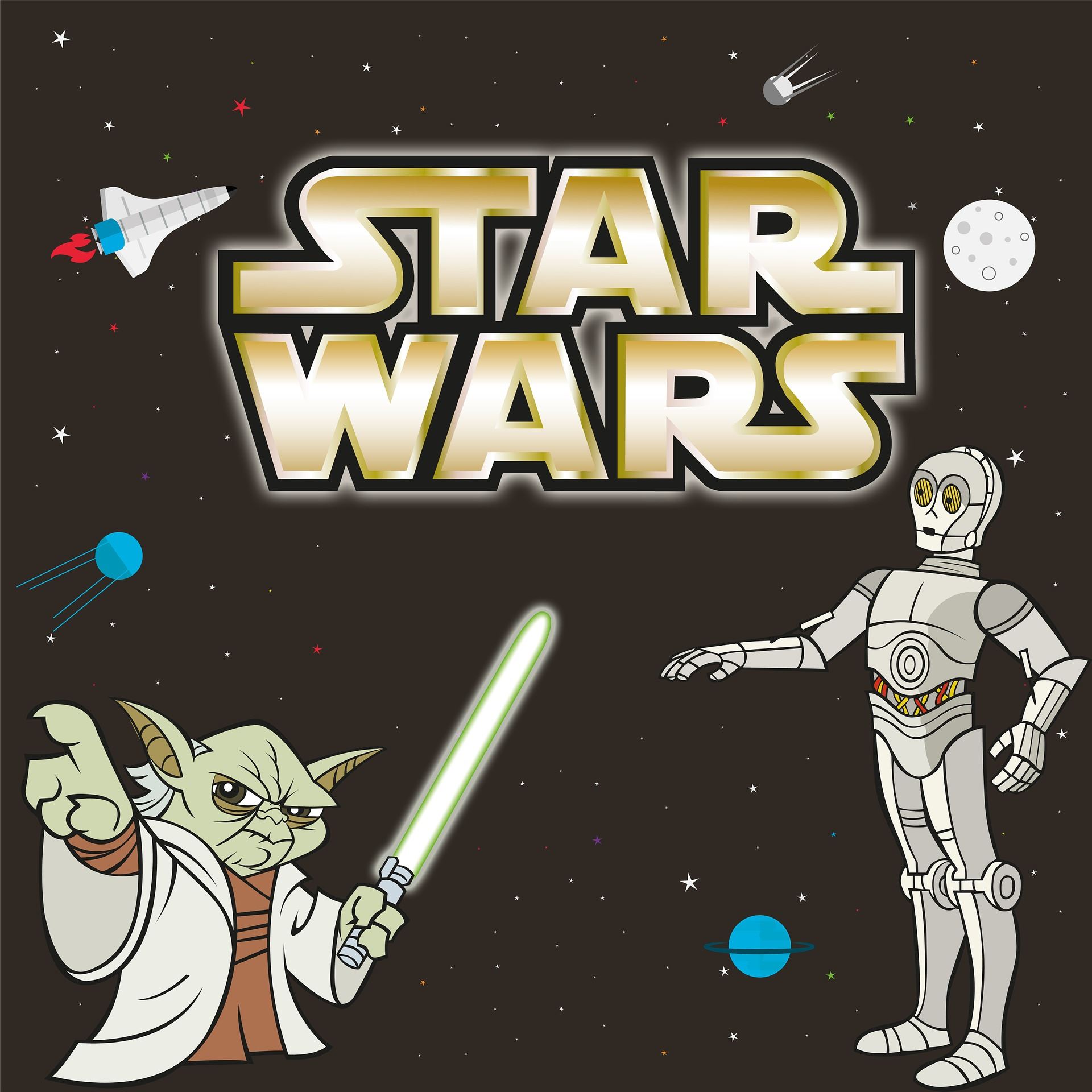 Star Wars with image of Yoda and C3PO with light saber in space, planets, spaceship