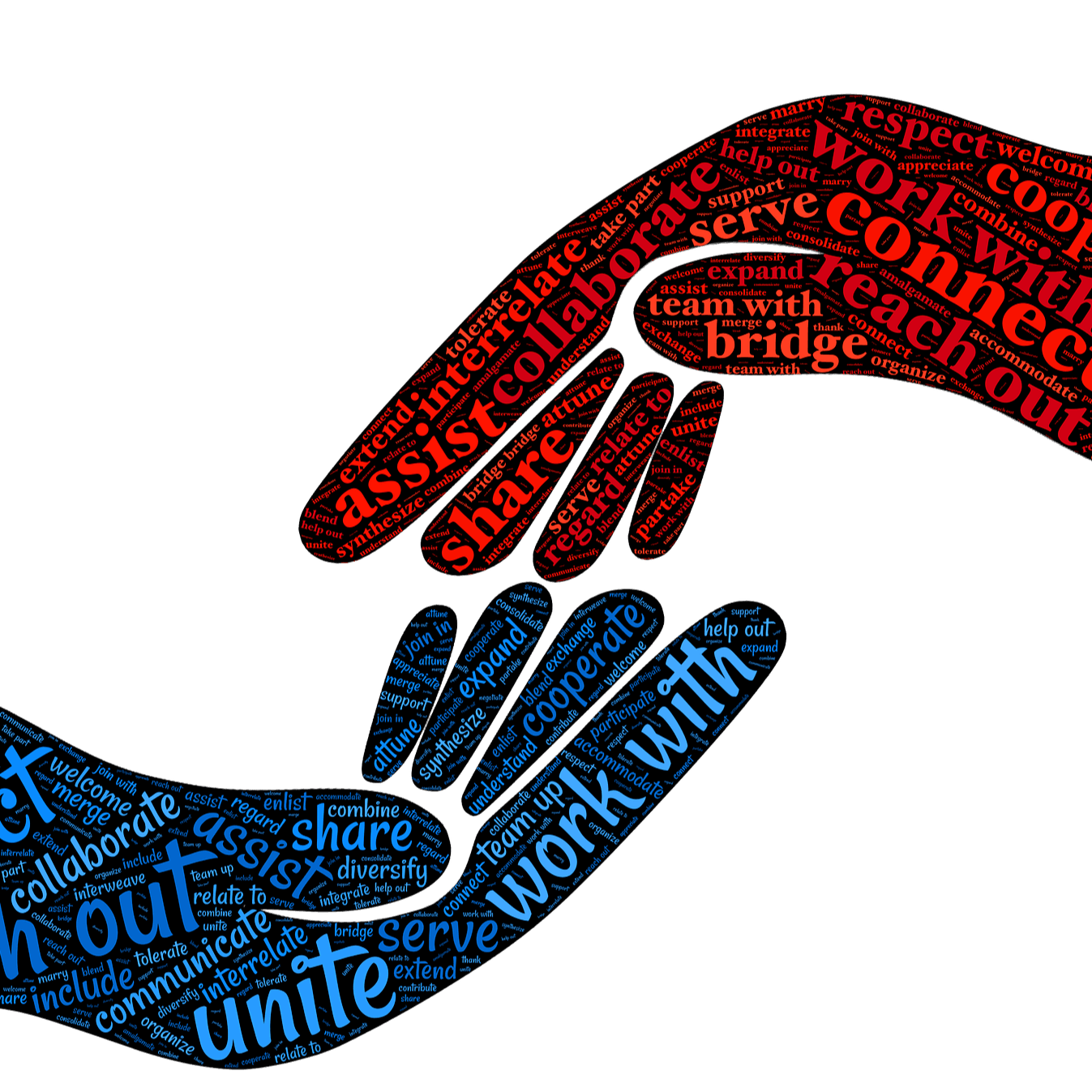 Hands of different colors reaching to each other with words inside: reach out, diversify, connect...