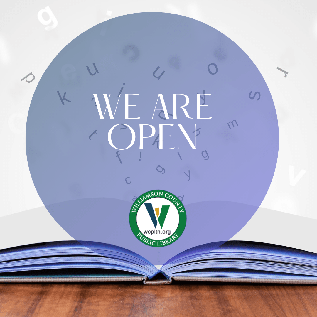 Open book with letters flying from pages and Library logo, text: We Are Open
