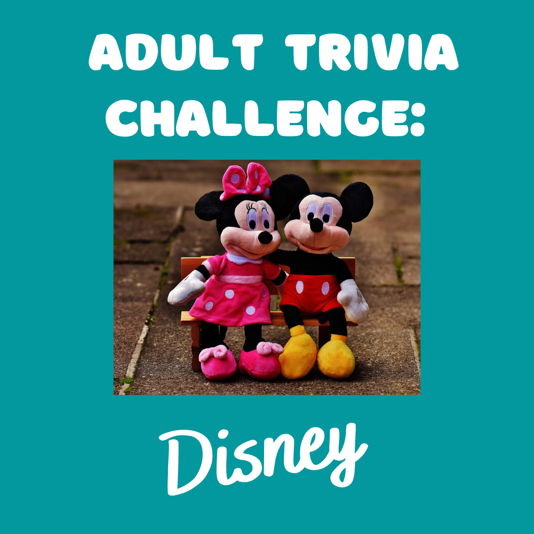 Adult Trivia Challenge Disney with photo of stuffed Mickey and Minnie mouse characters posed on benc