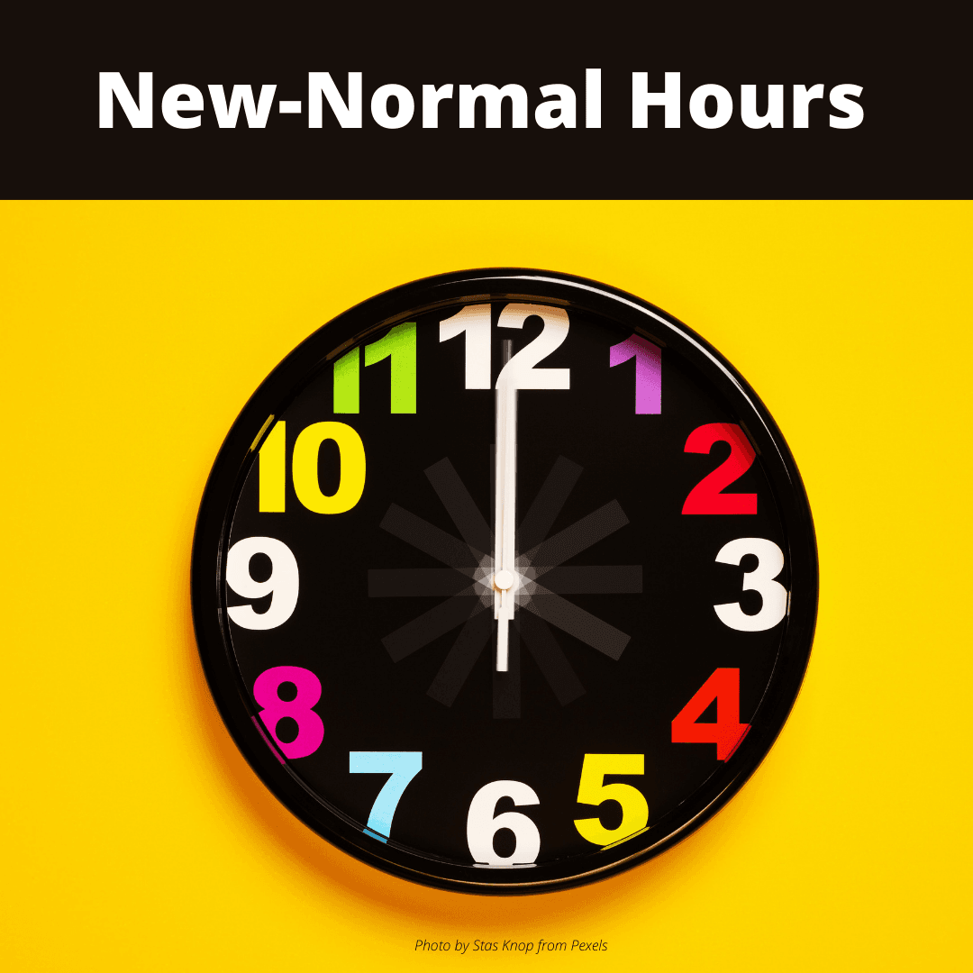 Clock with multicolor numerals, text: New-Normal hours