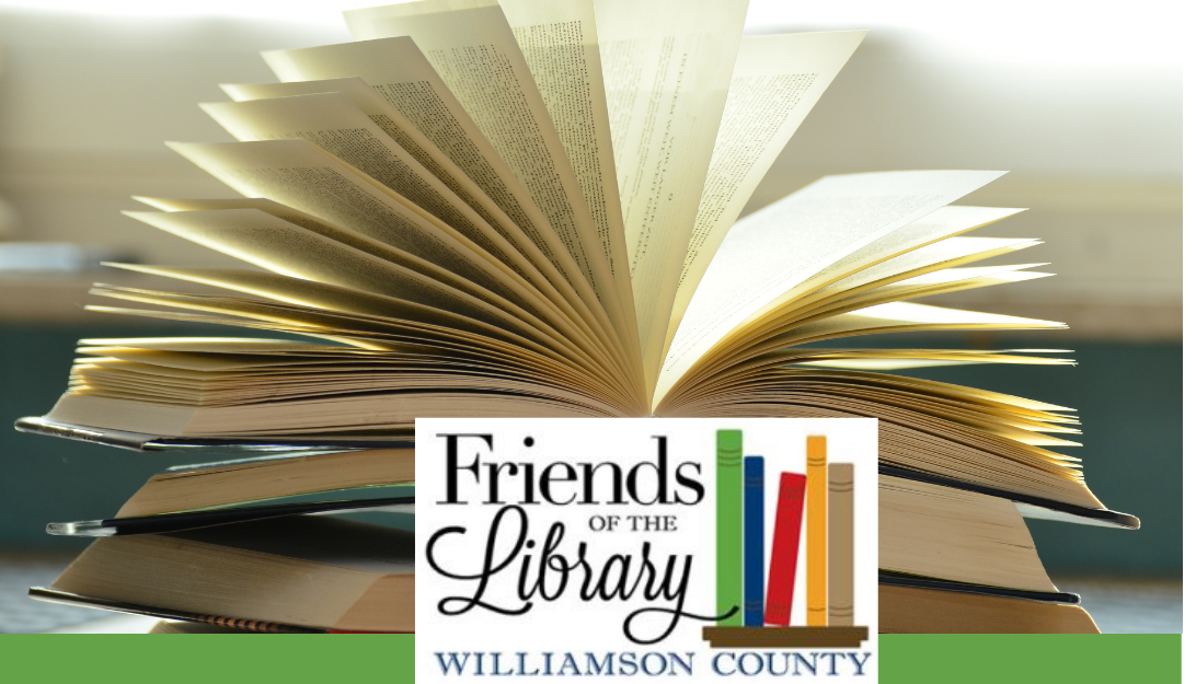 Image, side view of an open book with pages flared, Friends of the Library logo
