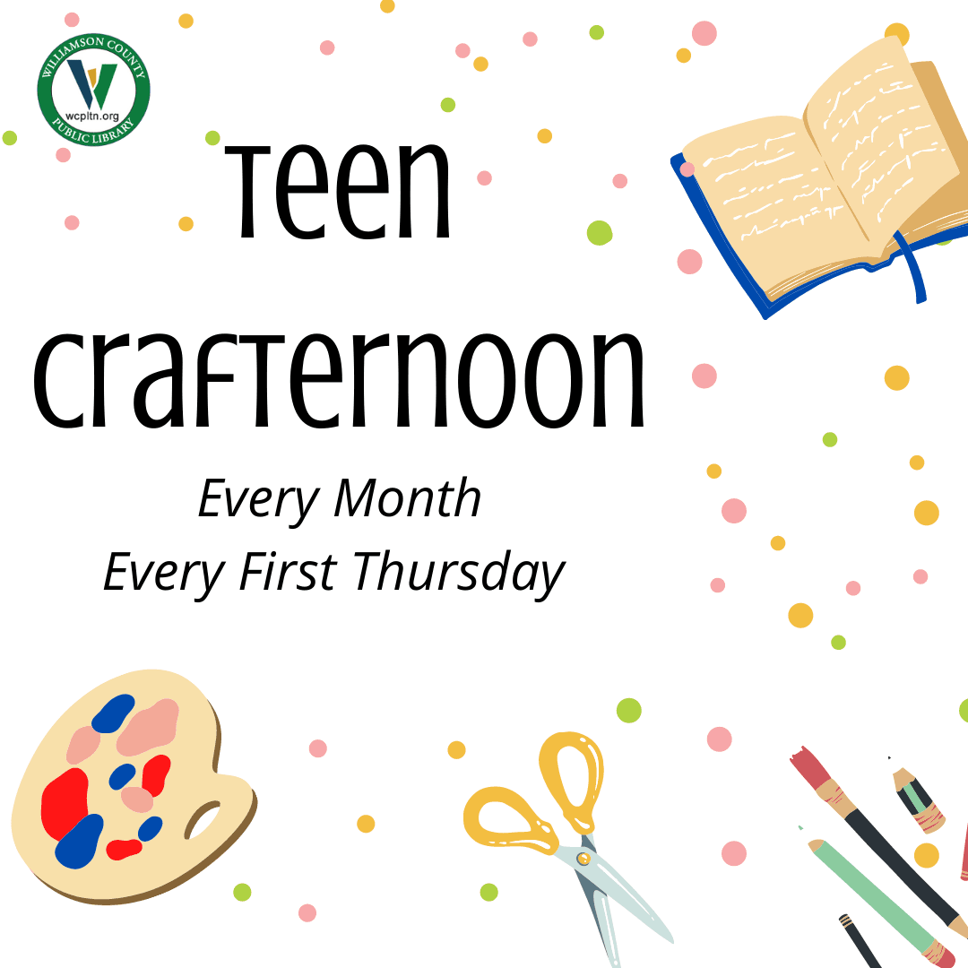 teen crafternoon every month every first Thursday. Yellow handled scissors, painters palette, brushe