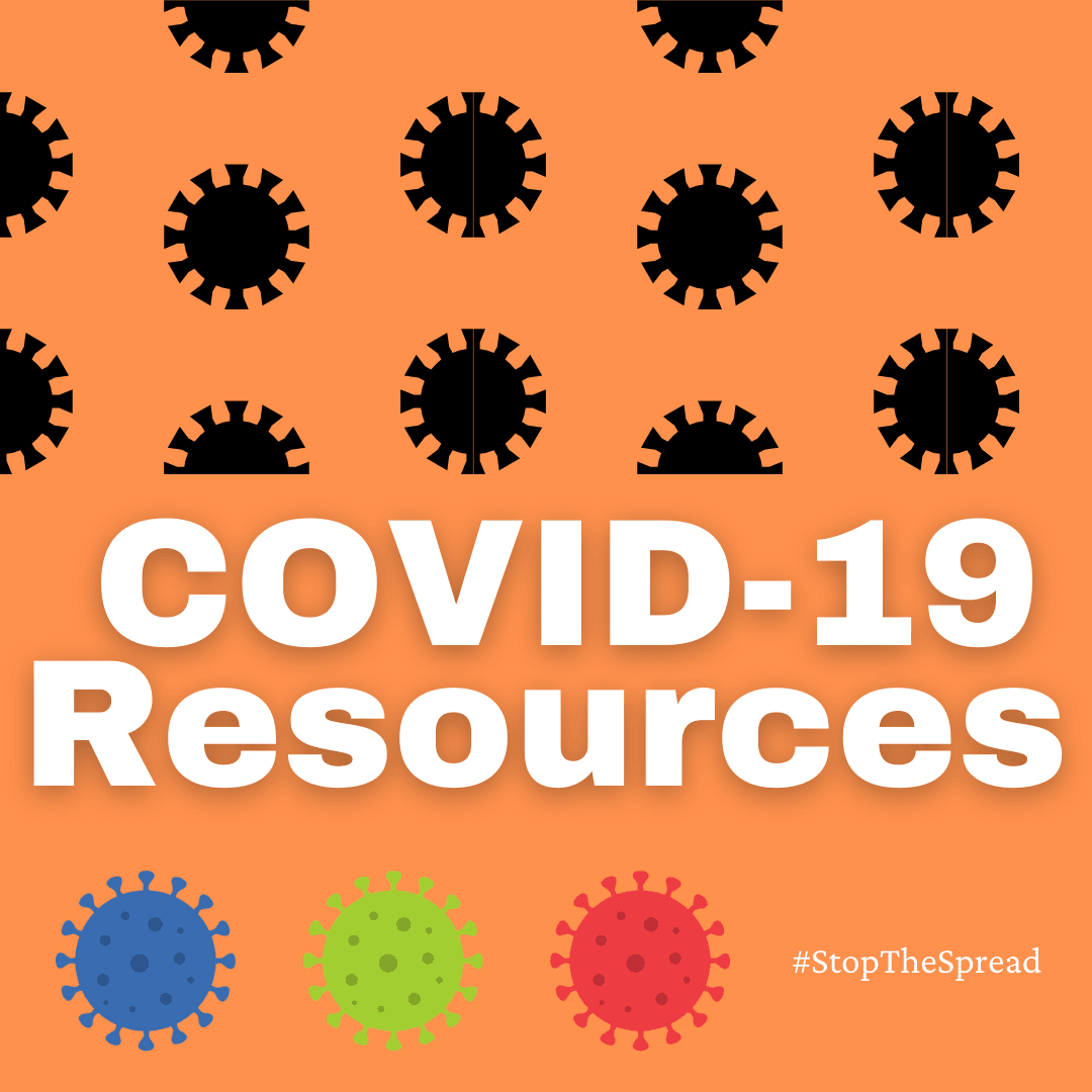 COVID-19 Resources with virus cells in black, green, red and blue. #StopTheSpread