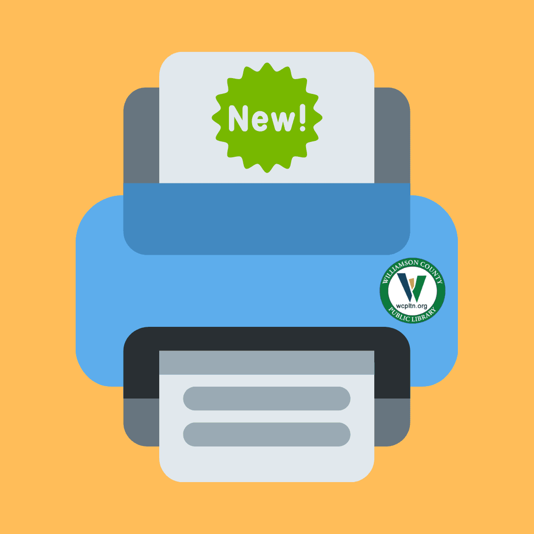 Blue clip art printer with a sheet of paper coming out the top with a green seal, text NEW in center