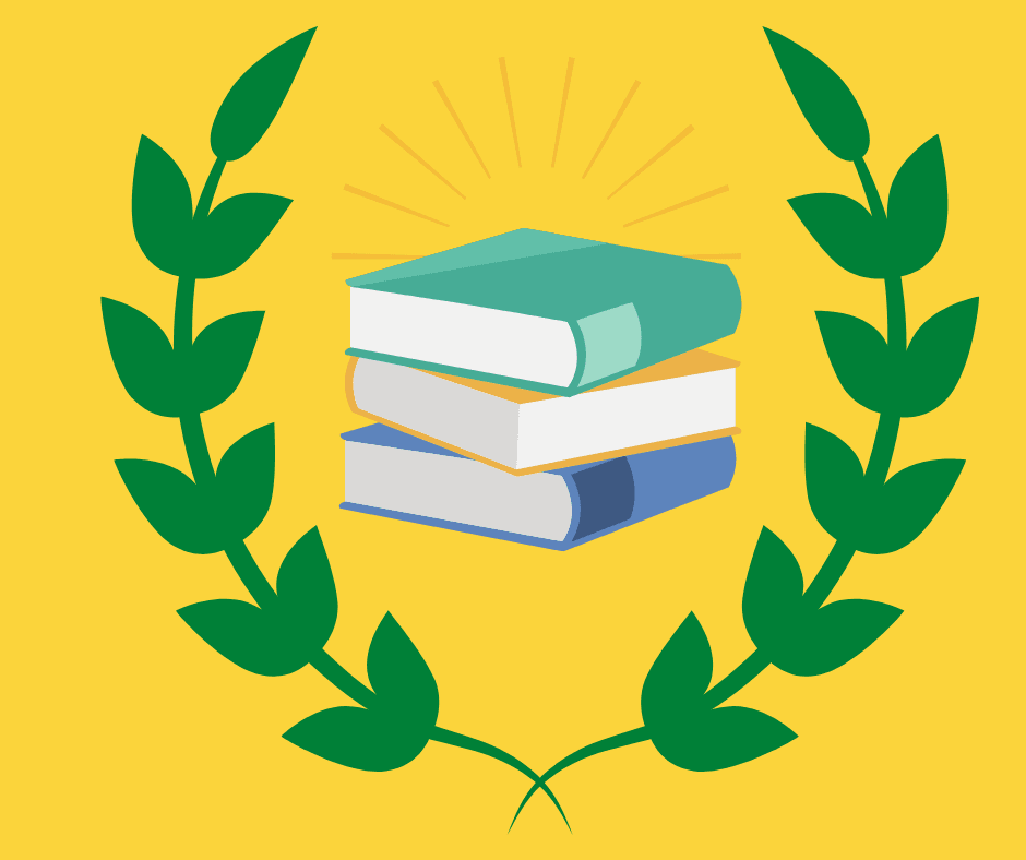 Green Laurels with a stack of three books in center emitting rays from the top of the stack