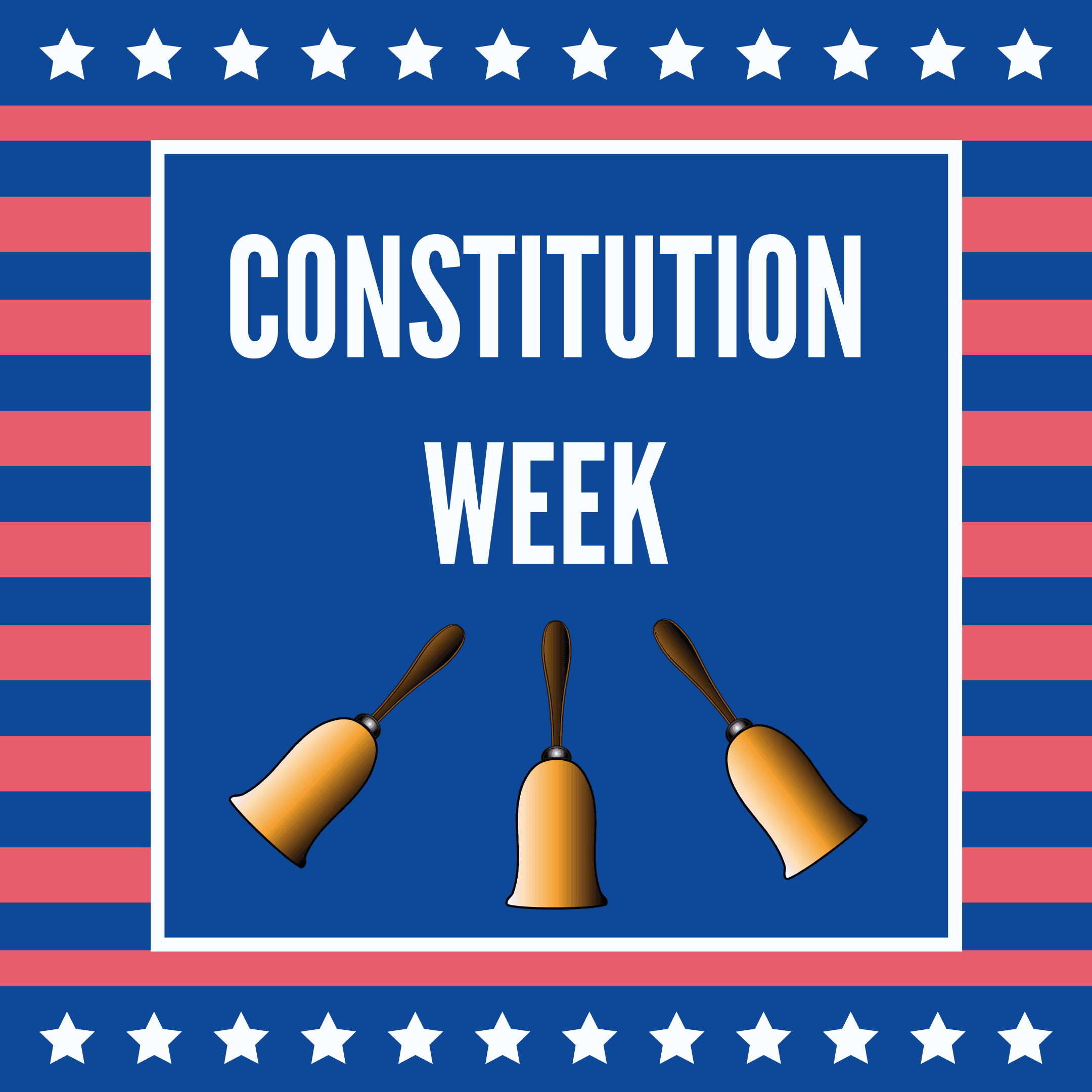 Blue and Red Patriotic design with stars at the top and bottom.  Constitution Week with 3 handbells.