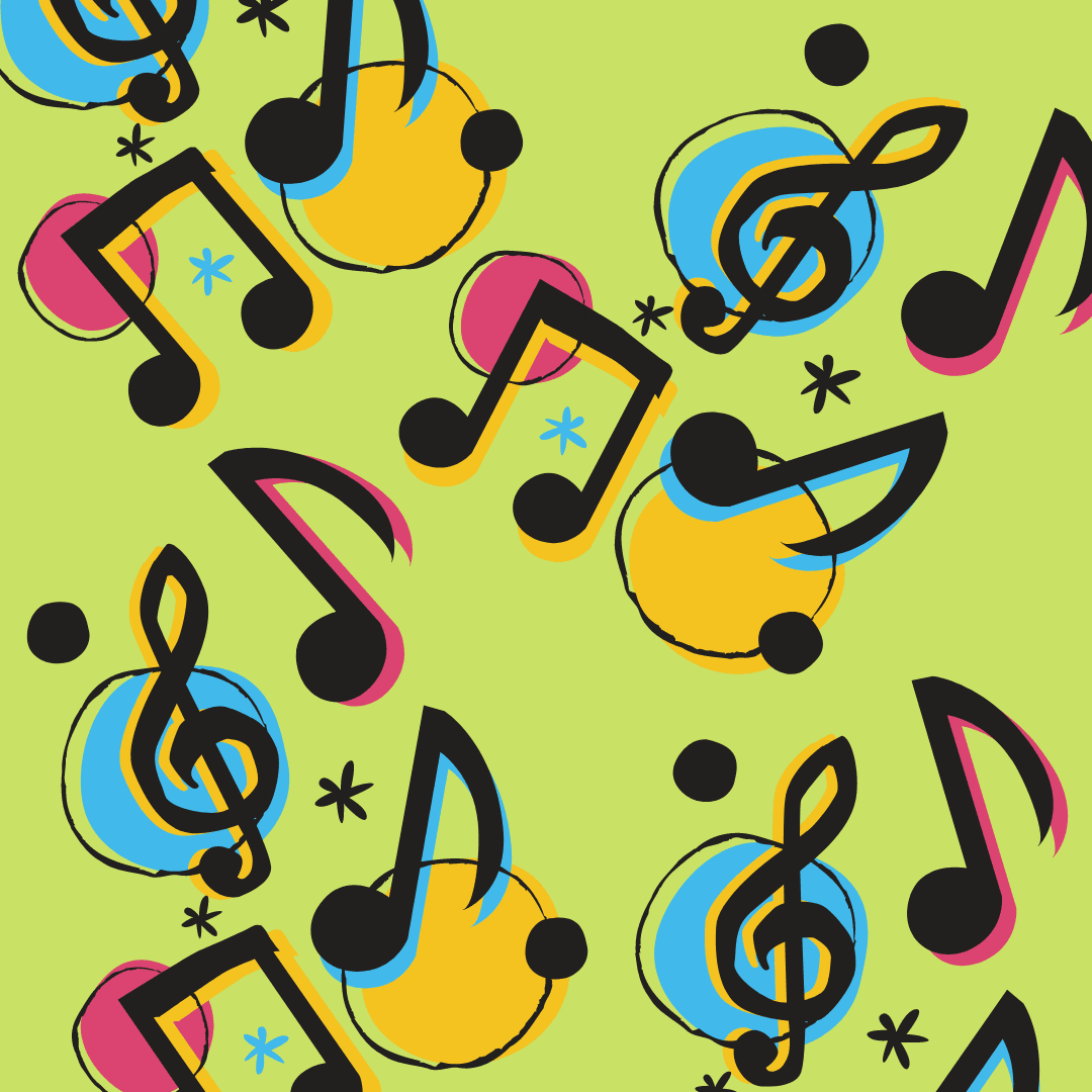 Musical notes with brightly colored circles and black dots on a bright green background