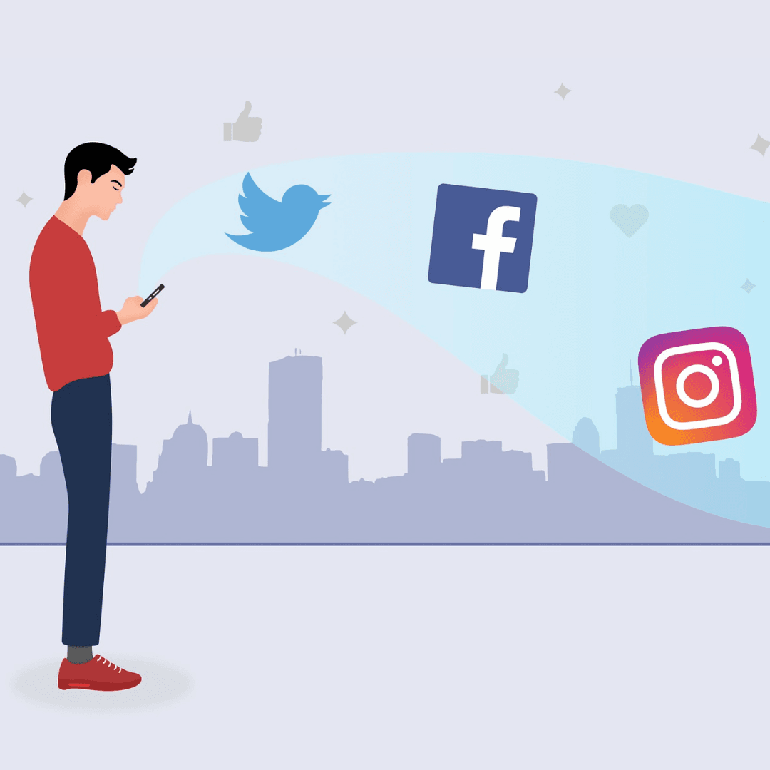 Man with device and facebook, instagram, twitter icons flowing from it. Background of like hand, hea