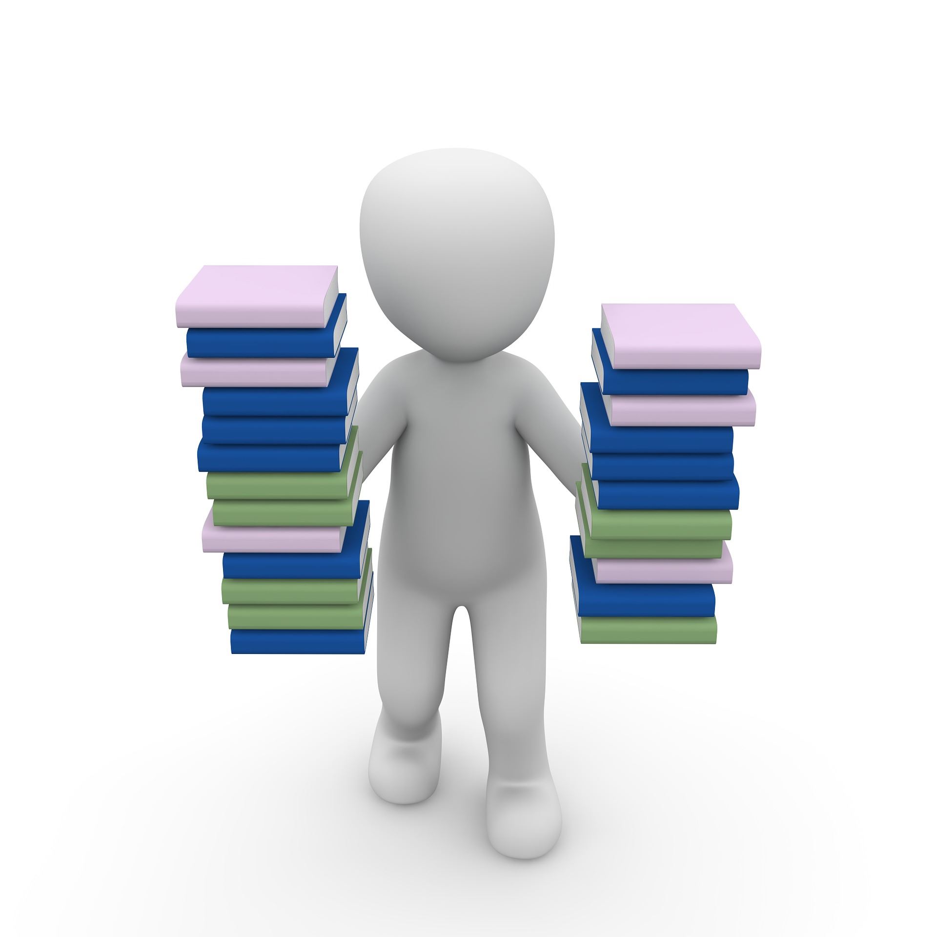 white generic figure holding a stack of book-type objects in each hand