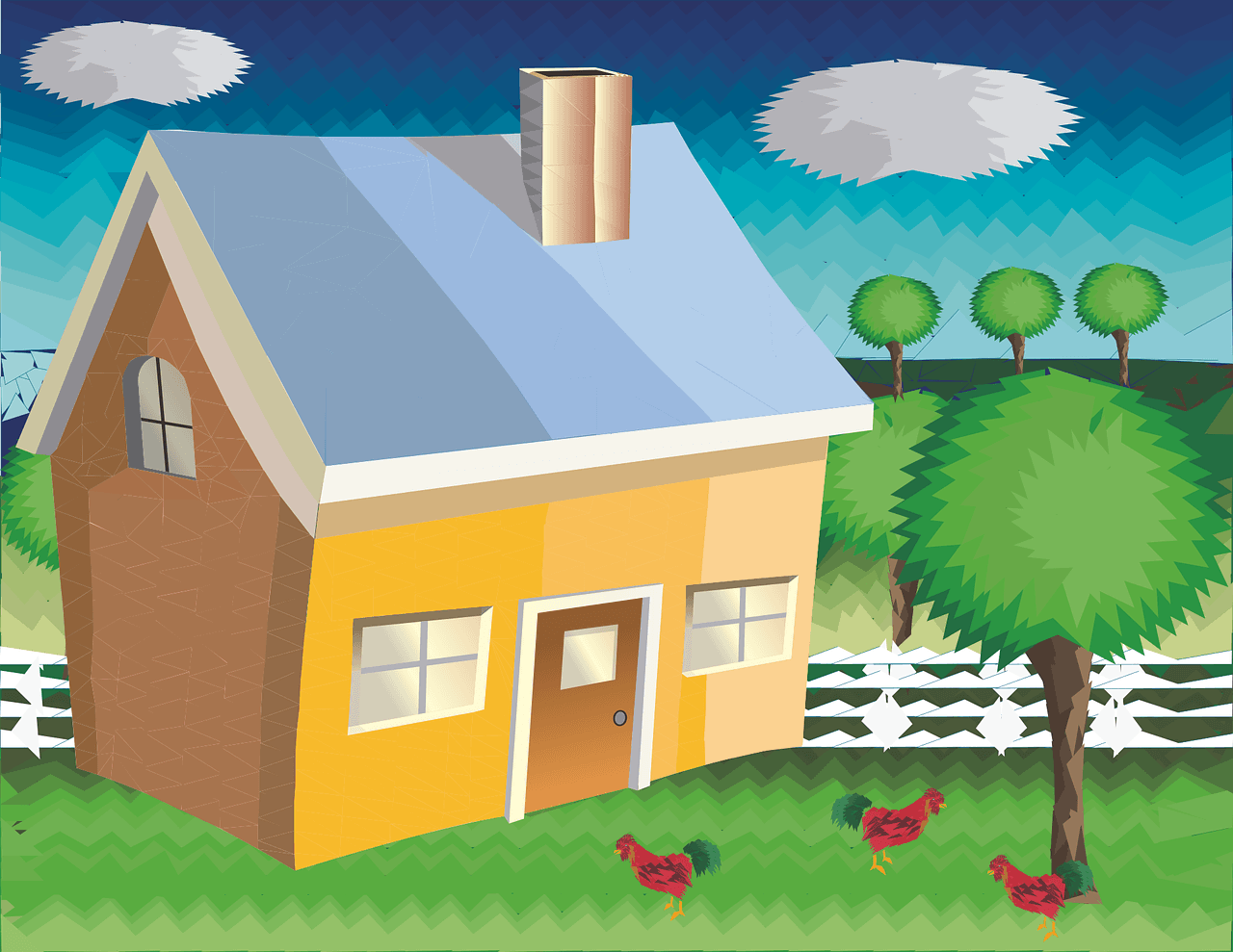 little yellow house with chickens in the yard and a white picket fence