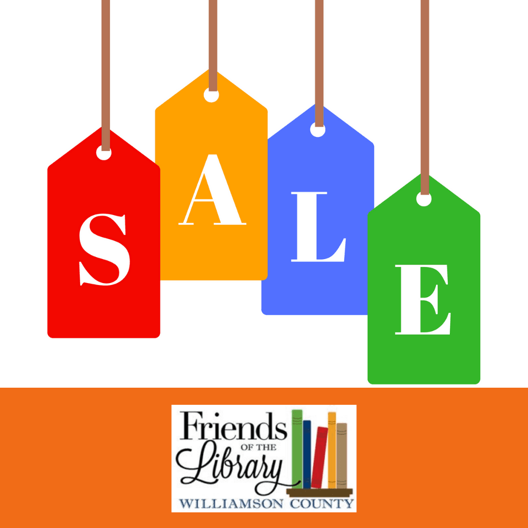 Tags with the letters S,A,L,E on them, hanging down from top and the Friends of the WCPL logo below