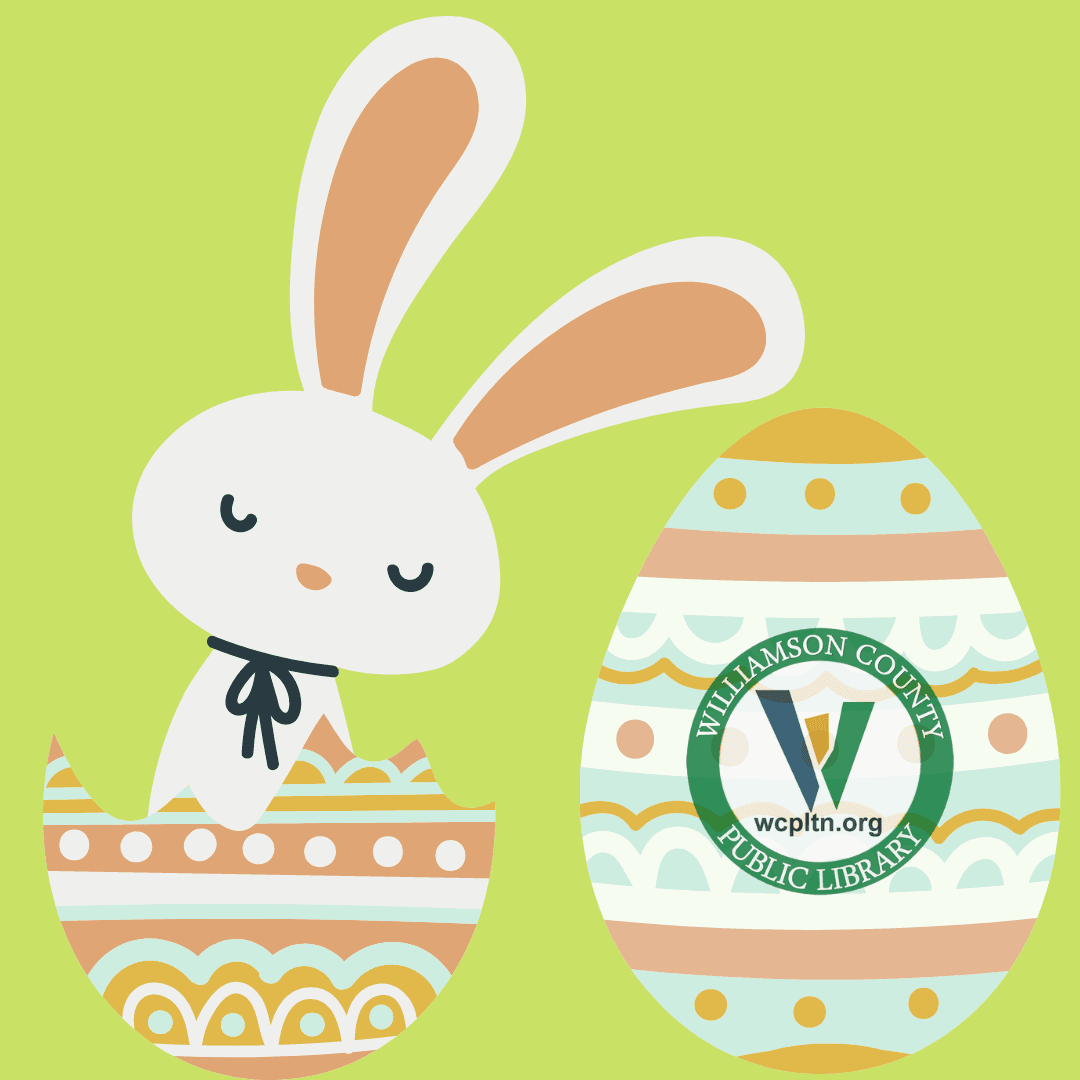 Half an Easter egg with a bunny wearing a bowtie in it plus a whole easter egg with the library logo