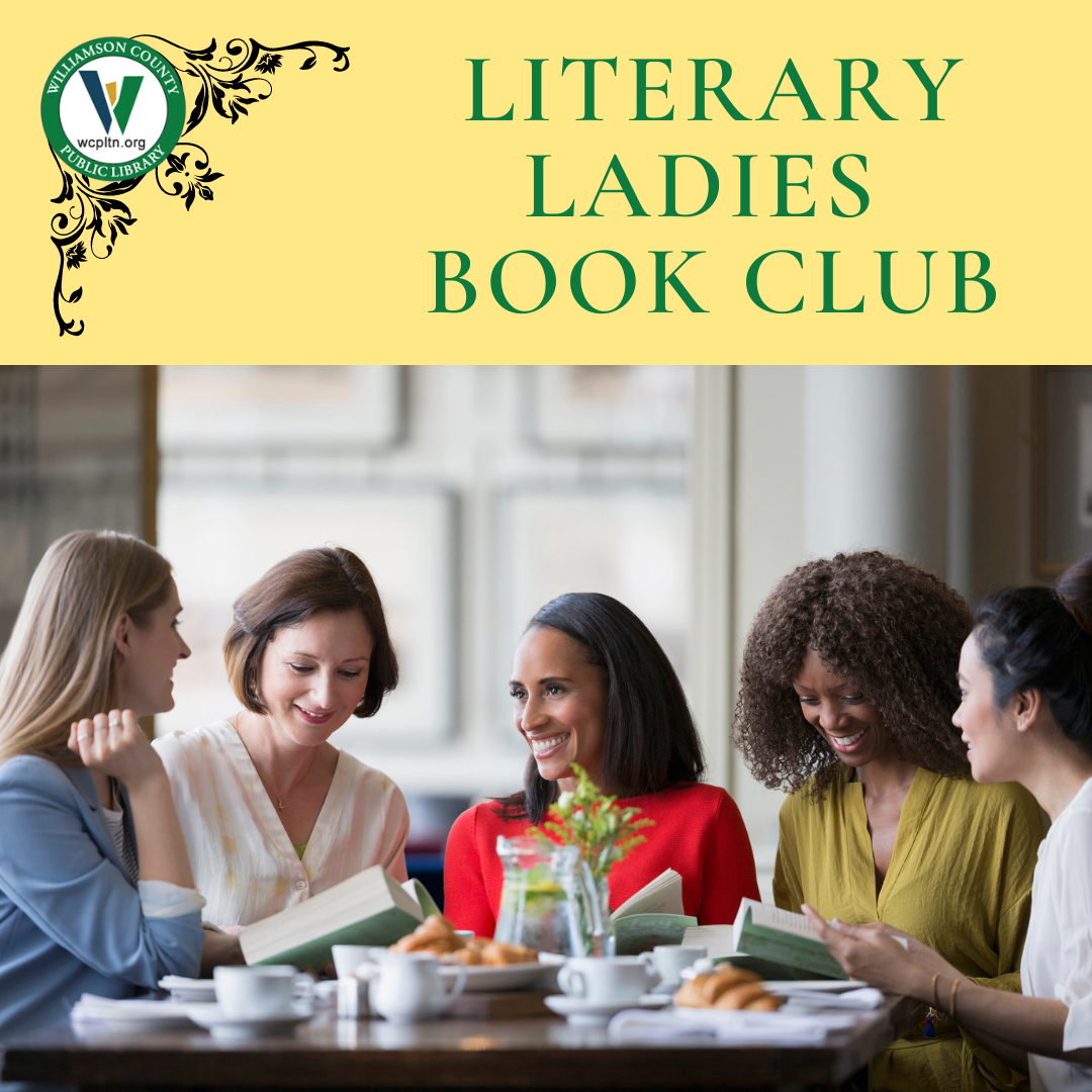 Literary Ladies Book Club with Image of women at a table with dishes and open books, talking. 