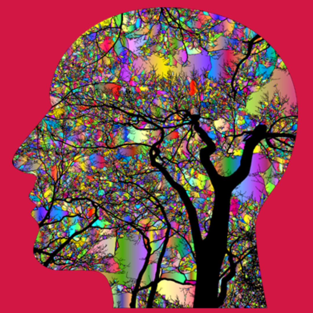 Head with colorful lines like neural pathways