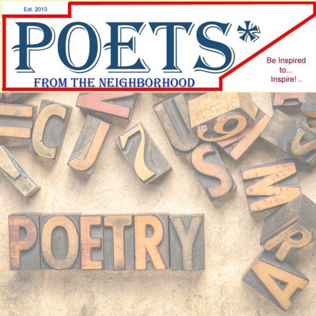 Poets from the neighborhood logo inside red TN state outline, image of letter stamps spelling poetry