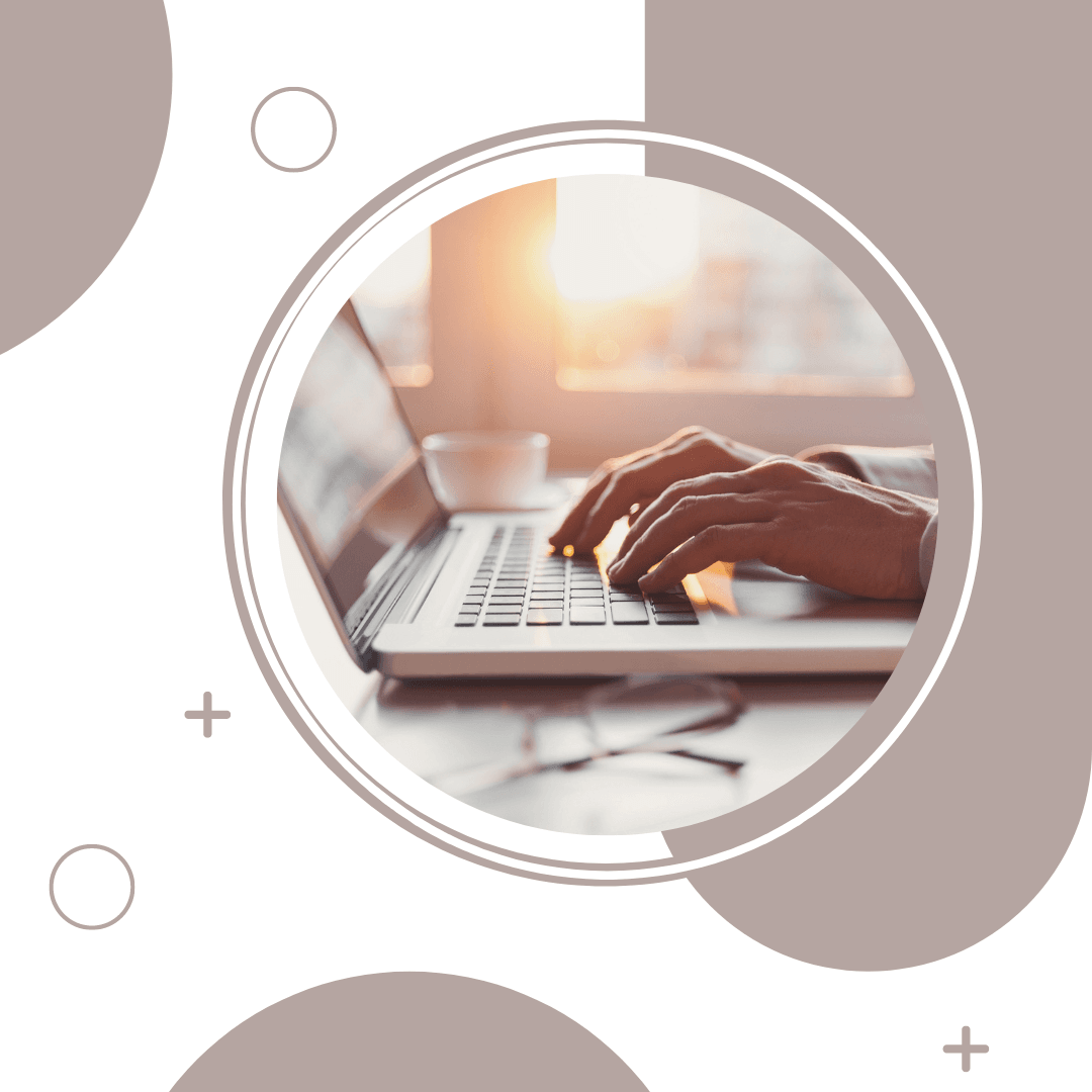 photo of hands hovering over a laptop keyboard with abstract circular shapes and plus signs