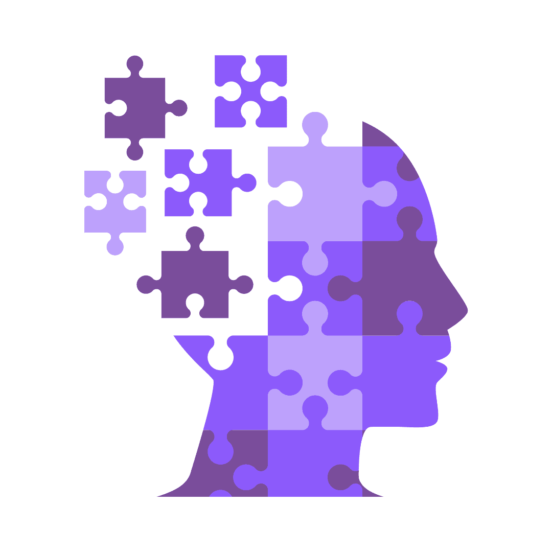 sideview of a head made up of purple puzzle pieces and the back of the head has pieces floating away