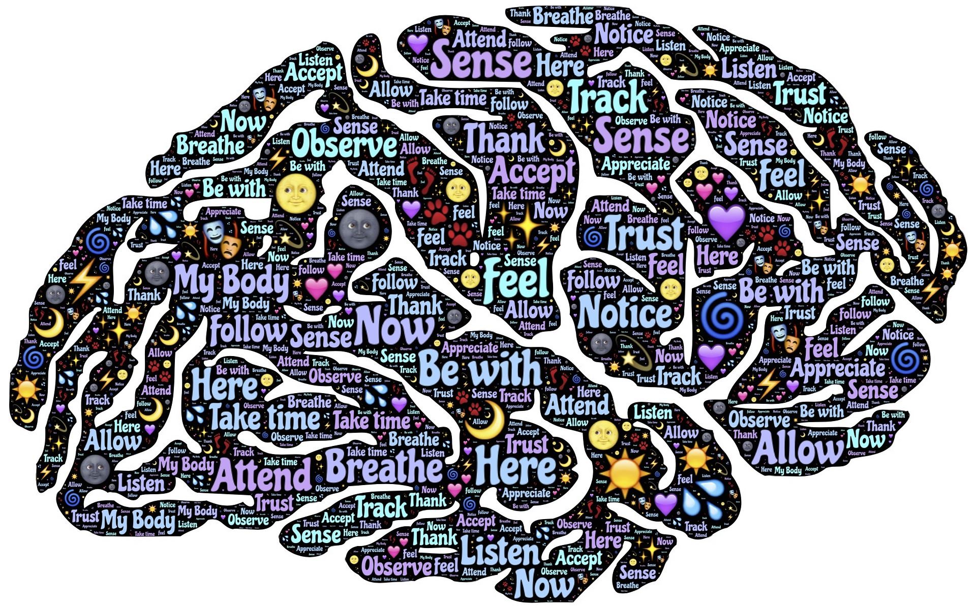 Colorful side image of brain covered in words representing emotions 