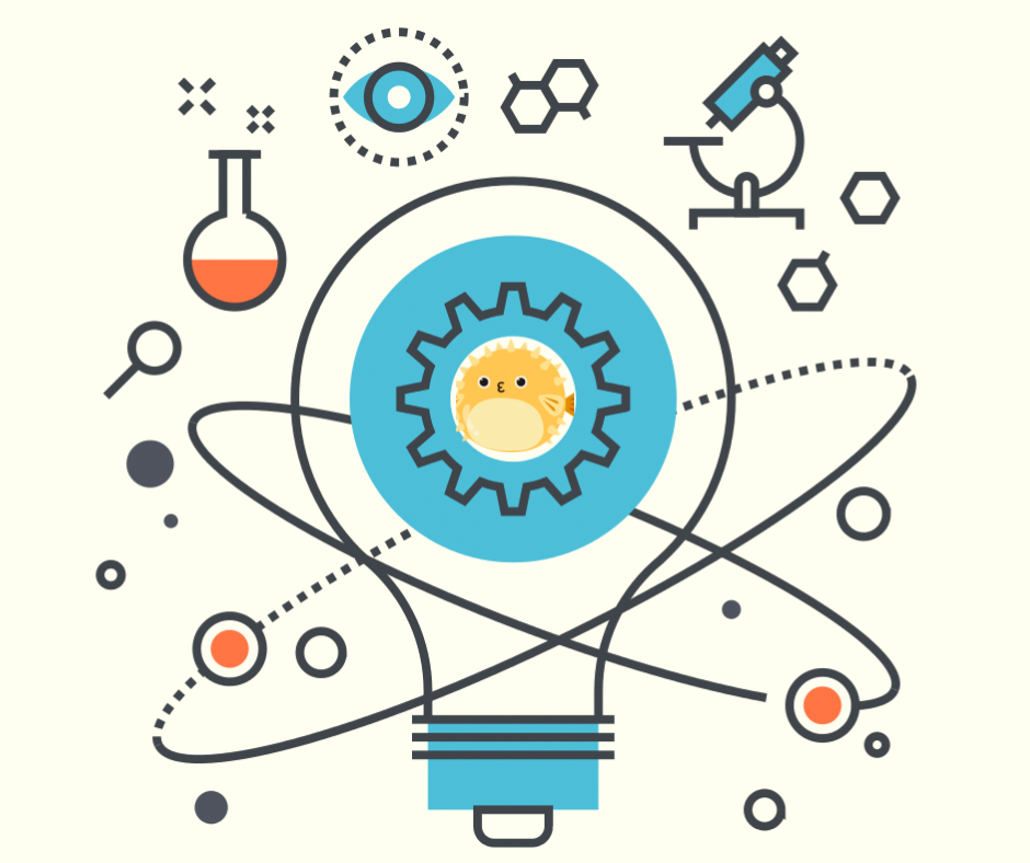 Science tools microscope beaker magnifying glass around light bulb with atom ovals, gear puffer fish