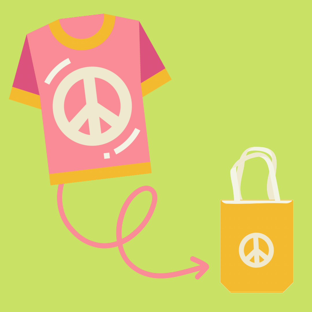 Tshirt with peace sign on it and a curving line ending in a point at a tote bag with a peace sign on