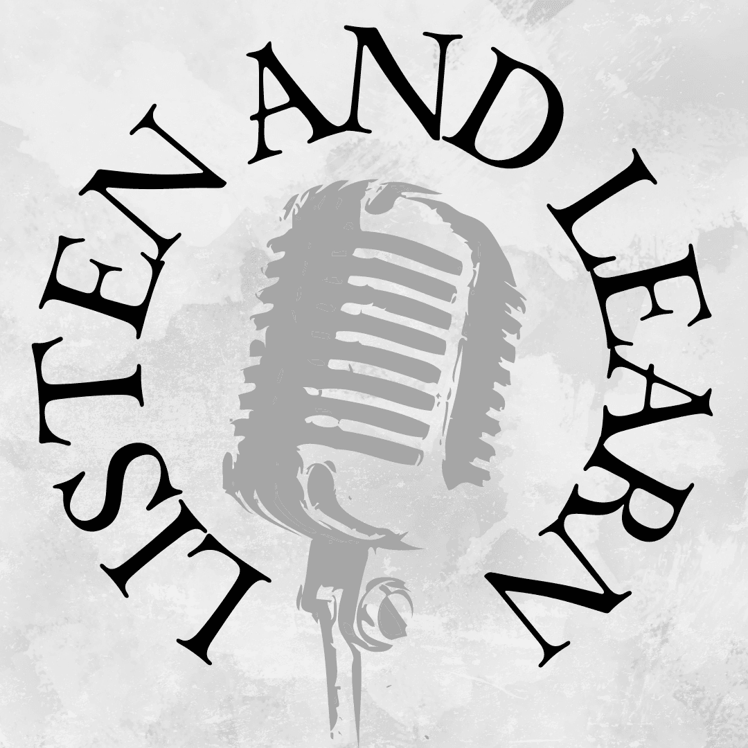 Listen And Learn text circling around a microphone with top of stand showing