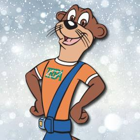 Clip art of ollie otter who is wearing an orange shirt, blue pants with a seatbelt strap