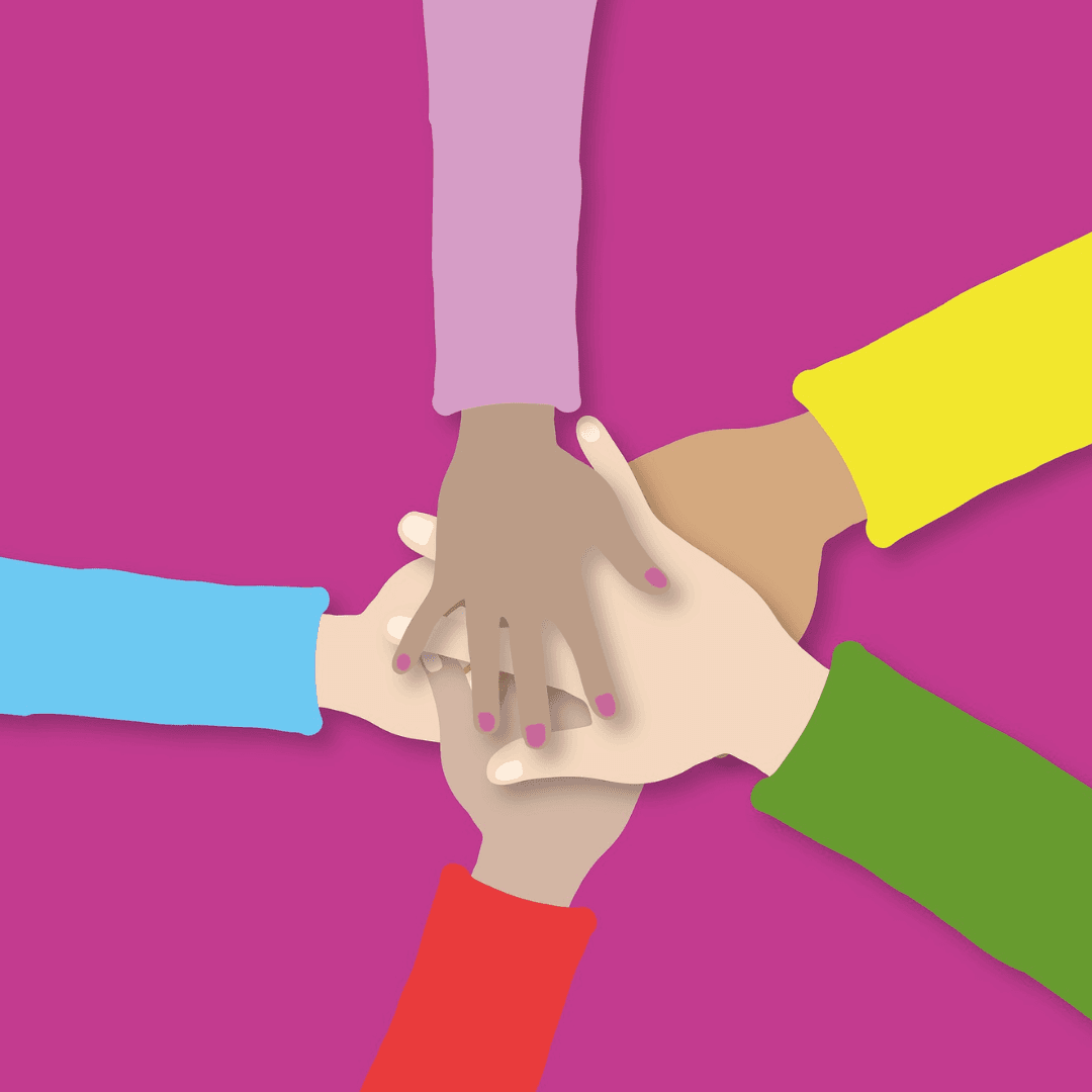 Graphic of hands stacked atop each other with different color sleeves an a dark pink backgroup