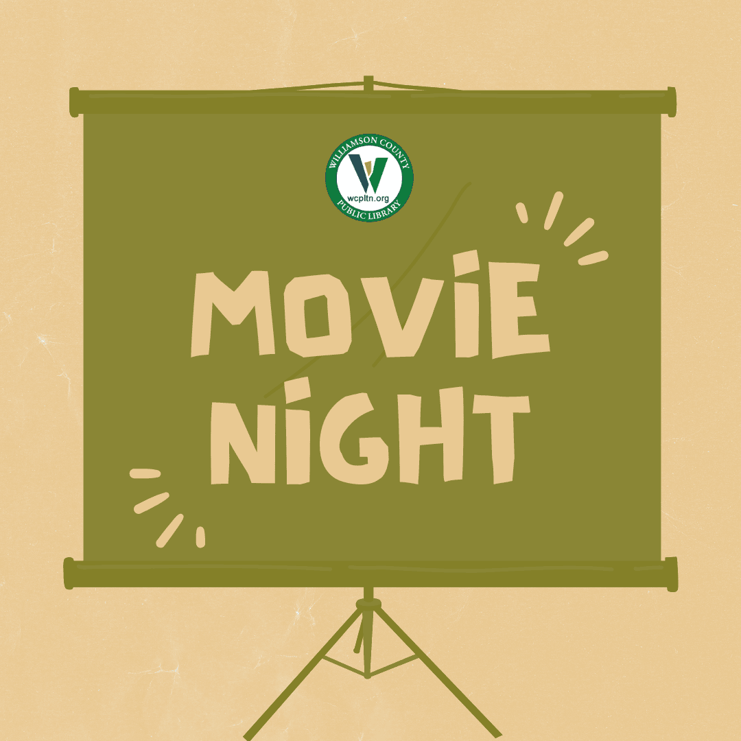 projector screen with the library logo and the text Movie Night with emphasis lines on either side 