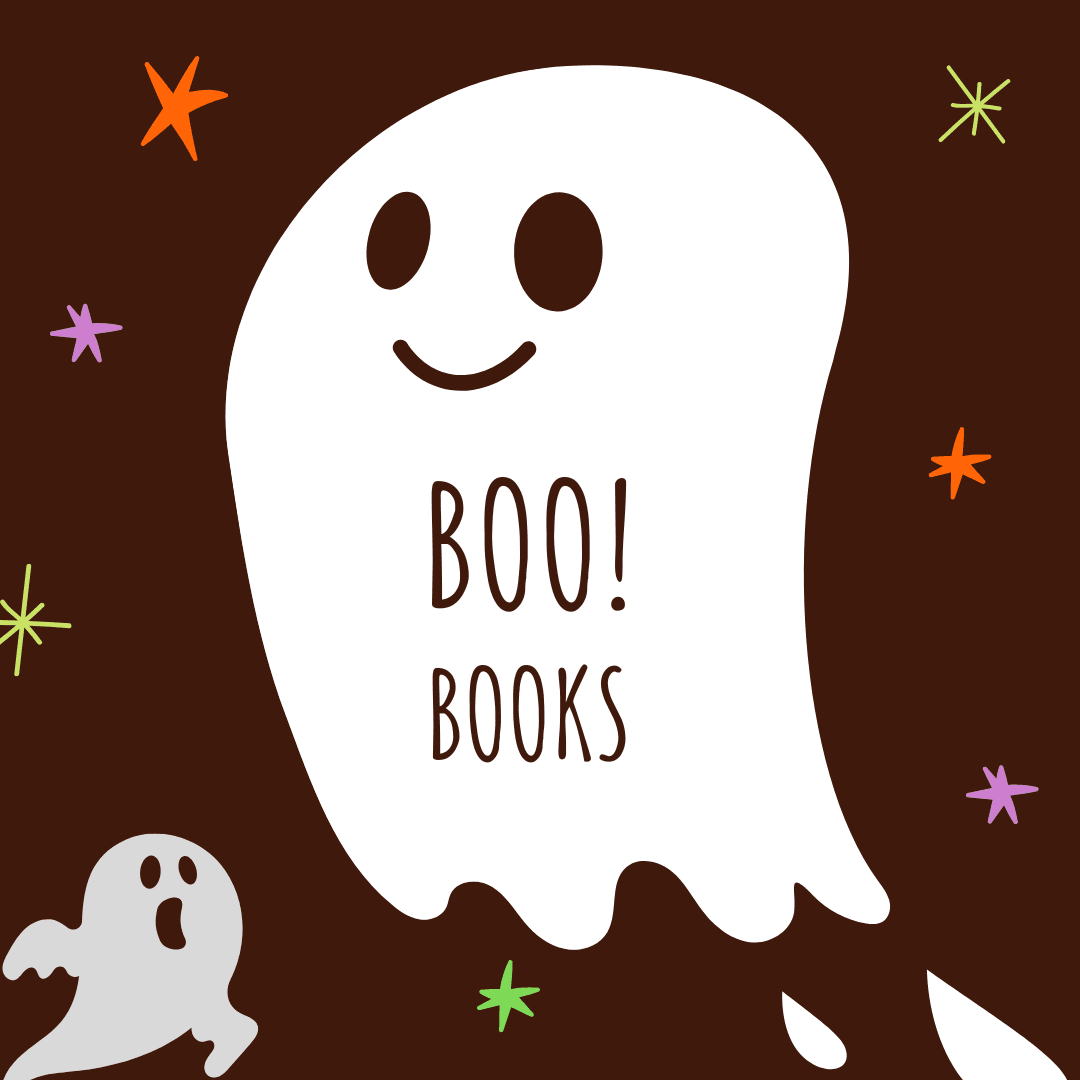 Two ghosts with star sparkles and text Boo! Books