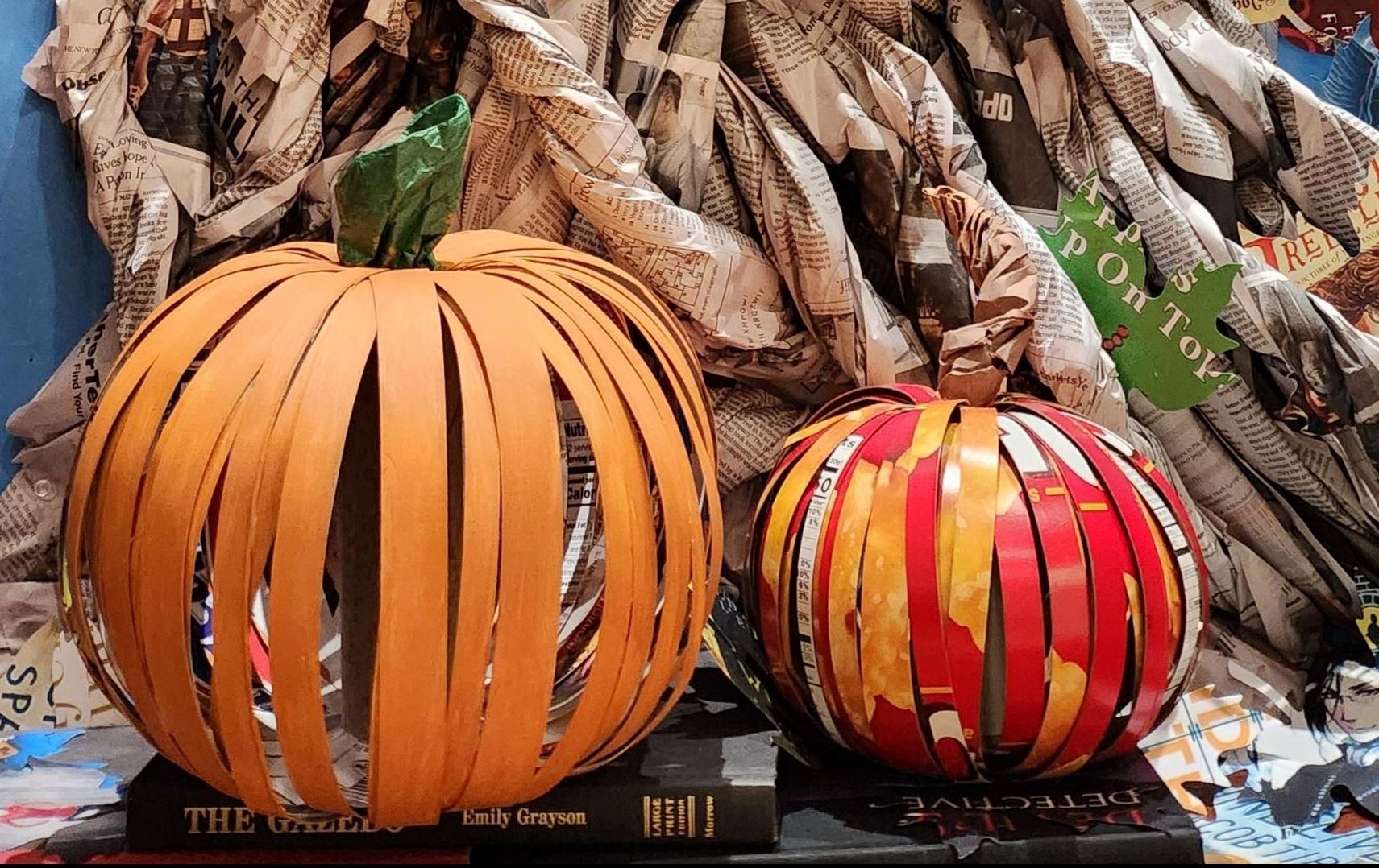 2 Orange pumpkins made from recycled material