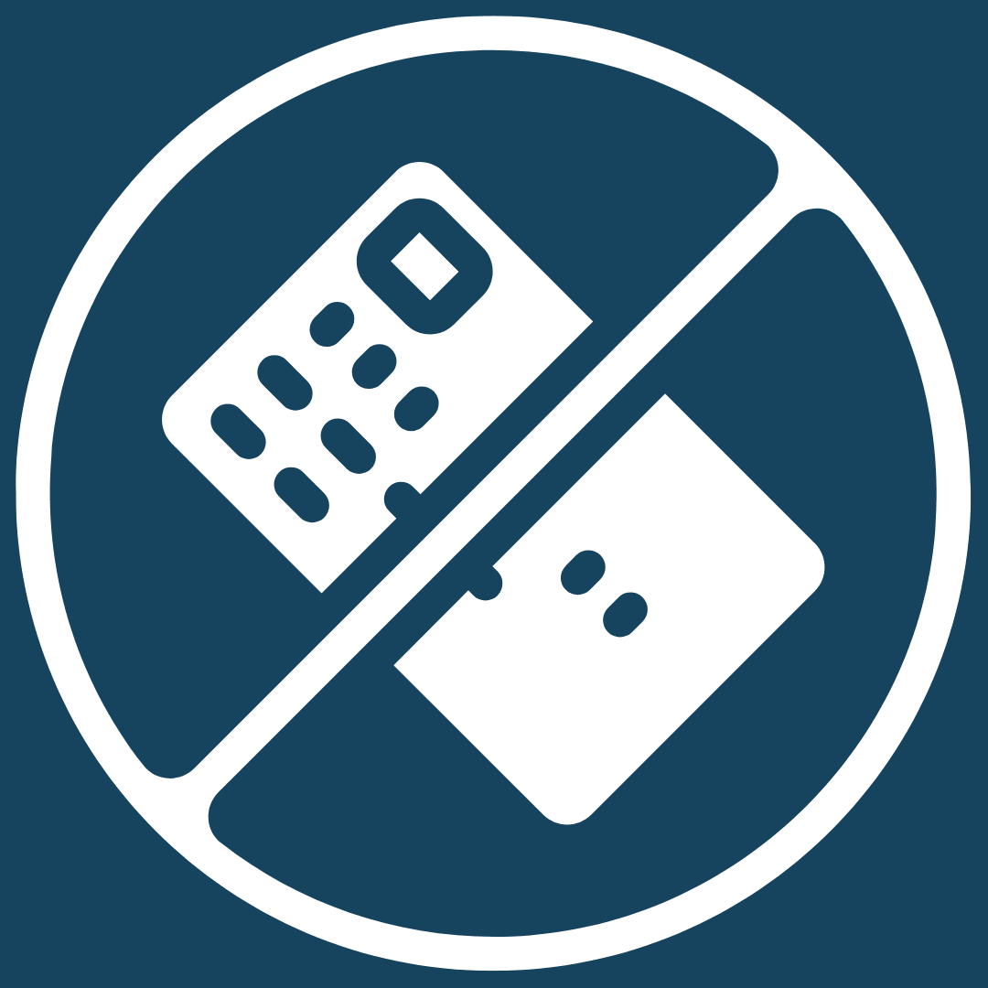 Clipart of a square credit card under a circle with a line thru indicating no credit cards