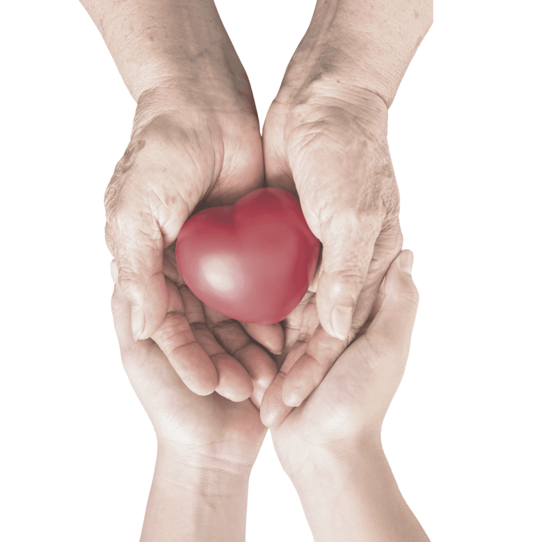 Two sets of hands cupping each other with the top set holding a puffy rubber heart squeezie