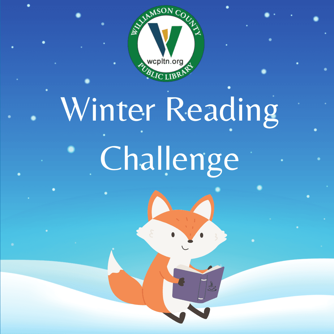 Winter Reading Challenge with graphic of a sitting fox holding a book, reading in the snow