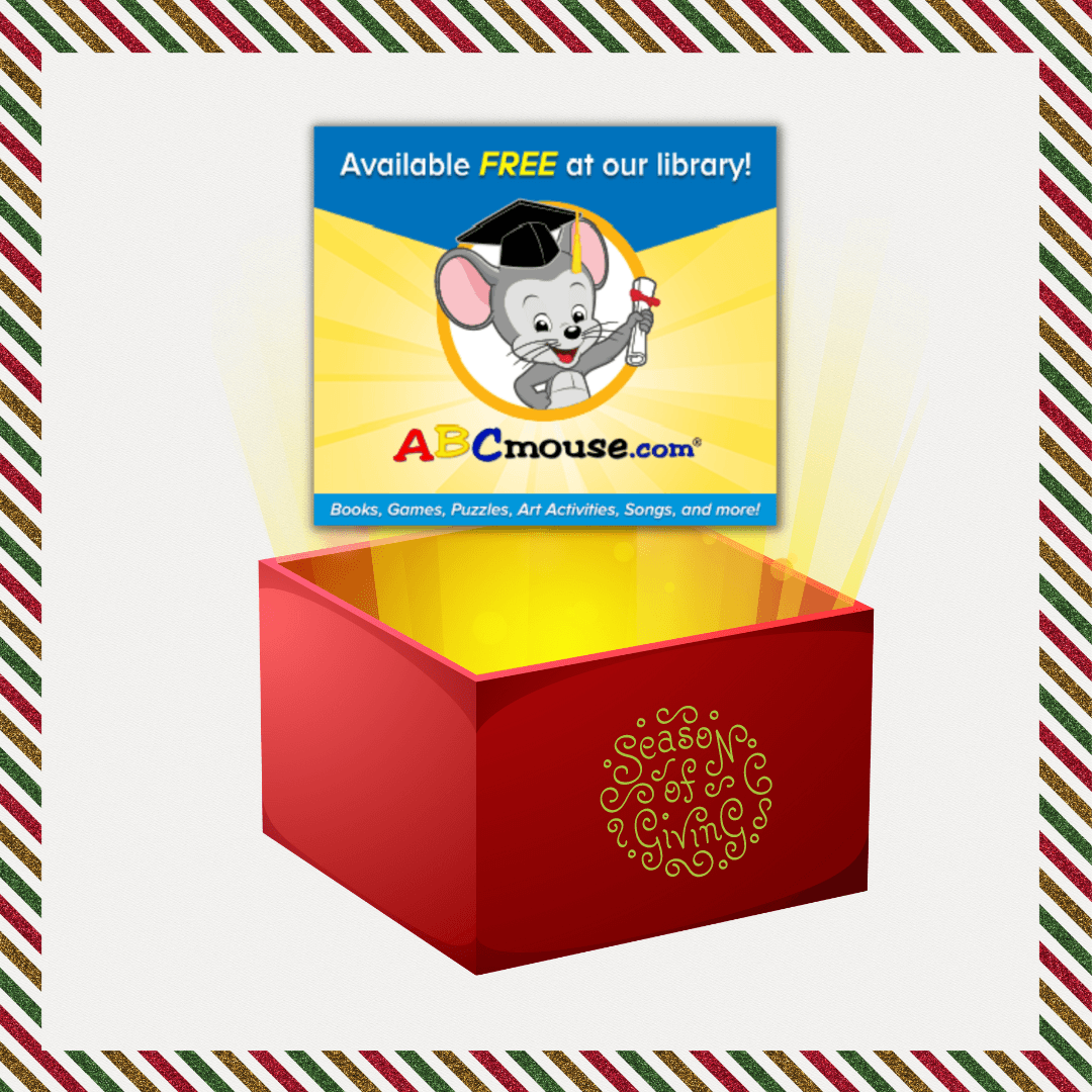 ABCmouse.com logo popping out of red box with gold rays coming out of it, holiday border