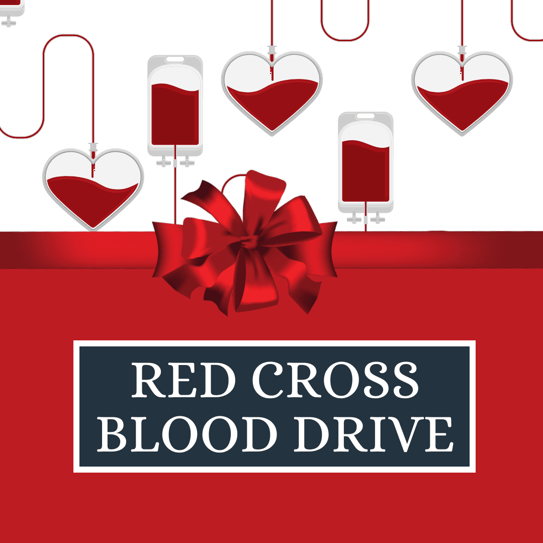Red Cross Blood Drive on the label of a gift with heart and rectangle shape blood donor bags above