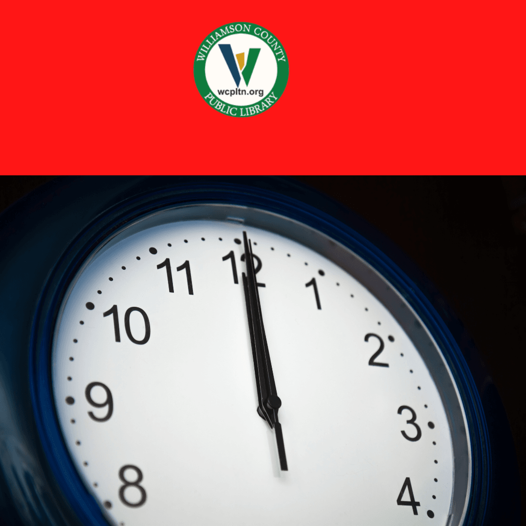 photo of clock with hands at noon, library logo on red background to signify urgency