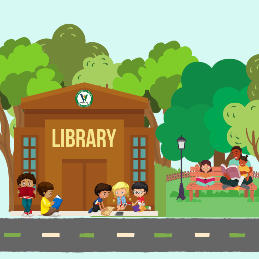 Graphic of a libary building with kids reading in front of the doors and a family reading on a bench