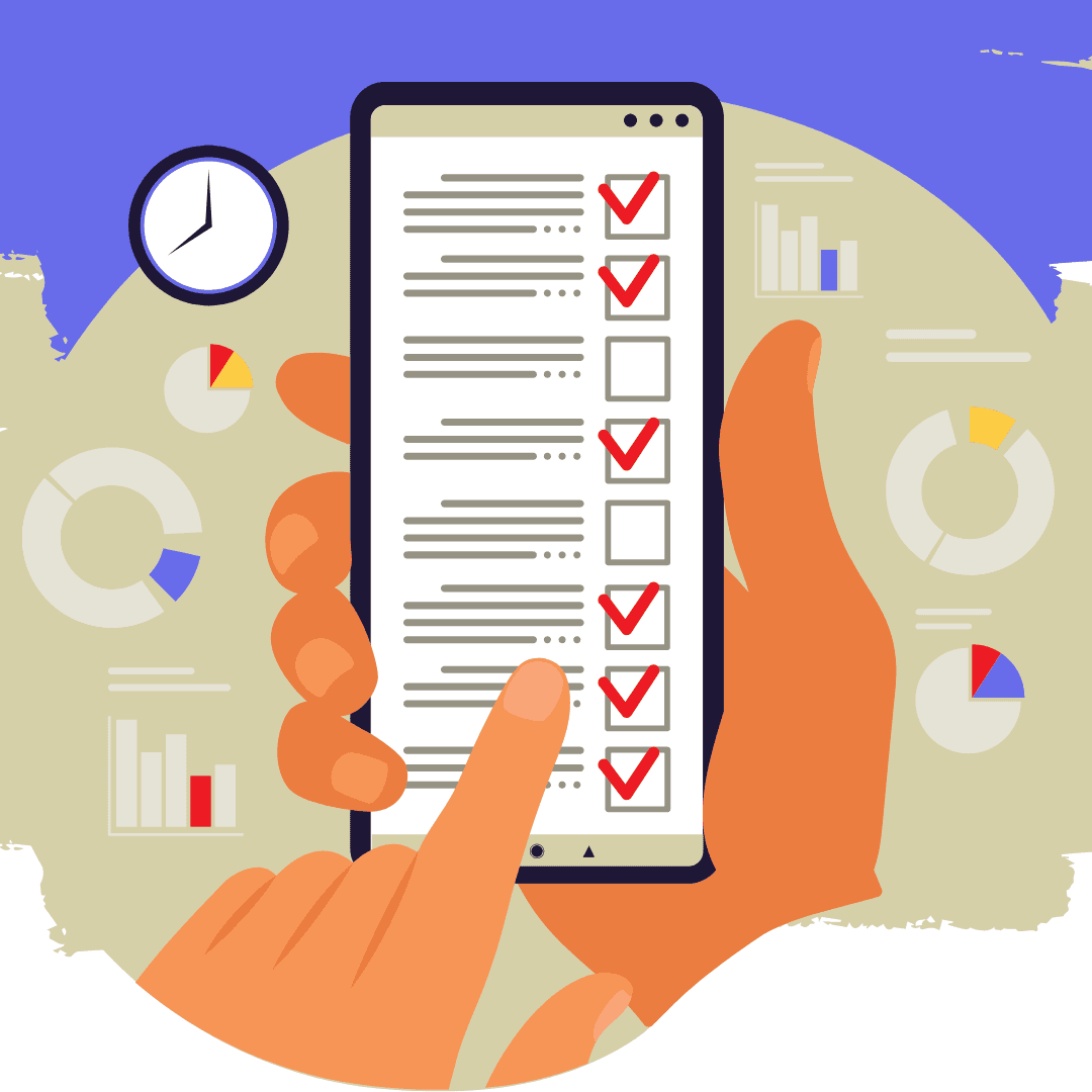 smart phone graphic with hands to indicate making a selection from a survey checklist