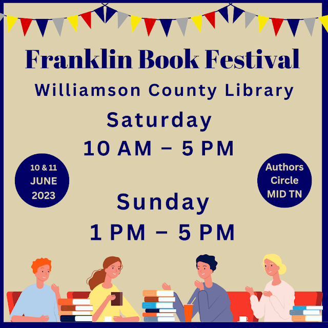 Graphic of people at table with books and pointy flag banner. Franklin Book Festival with dates