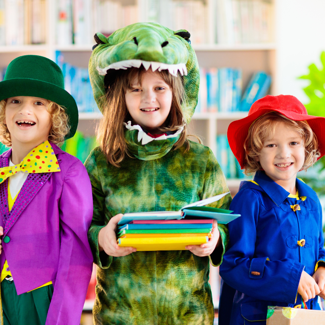 Children dressed up like book characters, Madeline, Willy Wonka, and Lyle,Lyle Crocodile