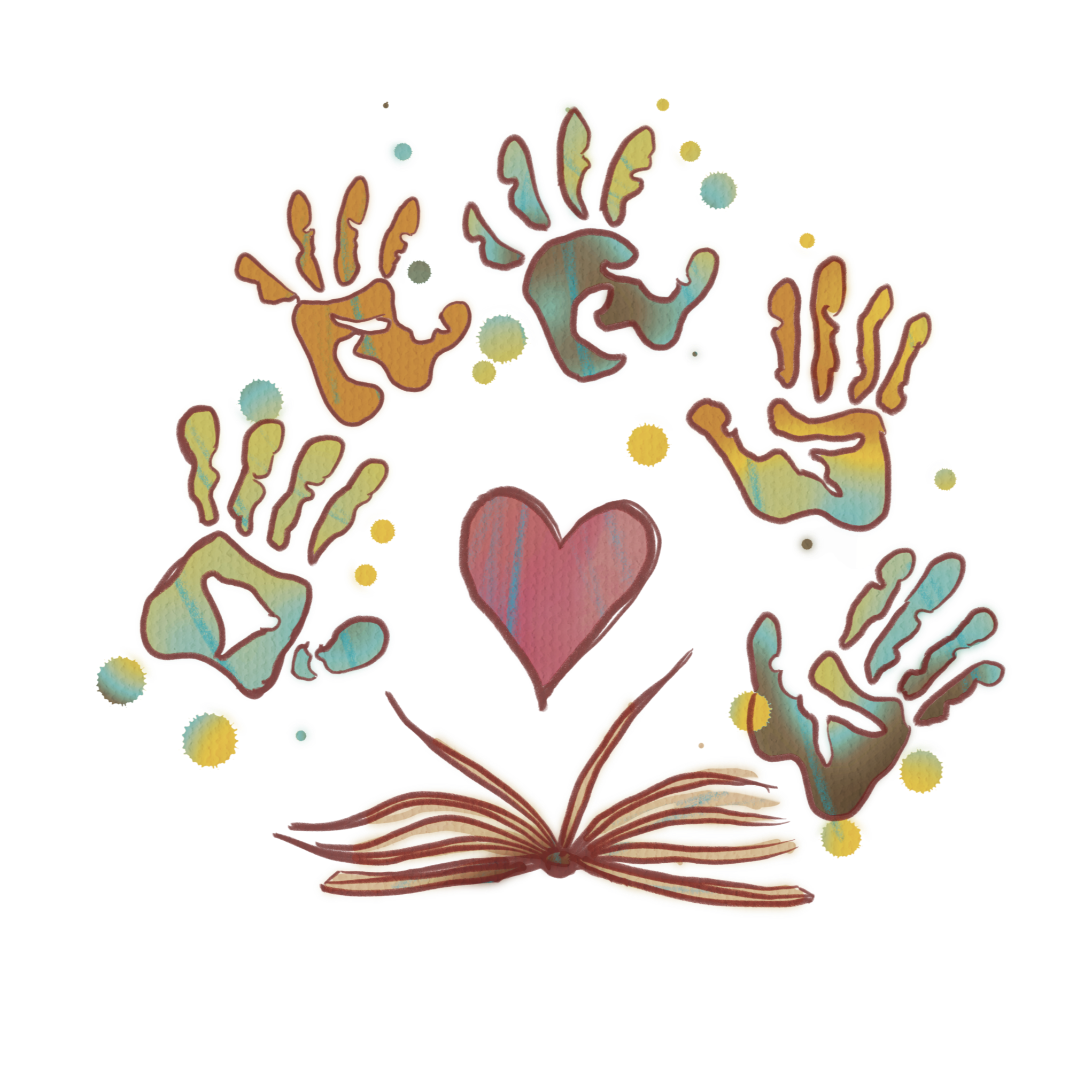 2023 summer reading program graphic handprints in a heart shape over an open book
