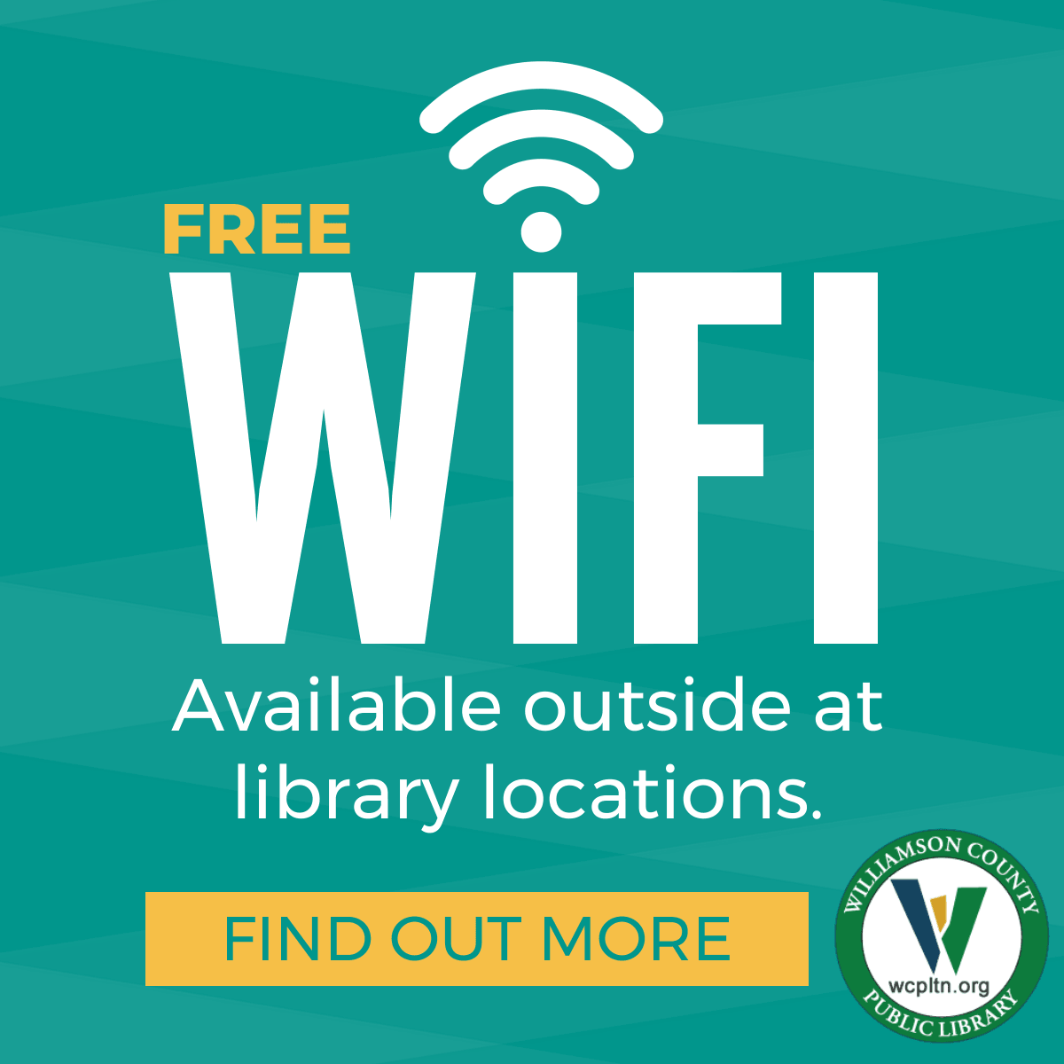  Free Wifi available outside at library locations. Find out more. Library logo and wifi icon