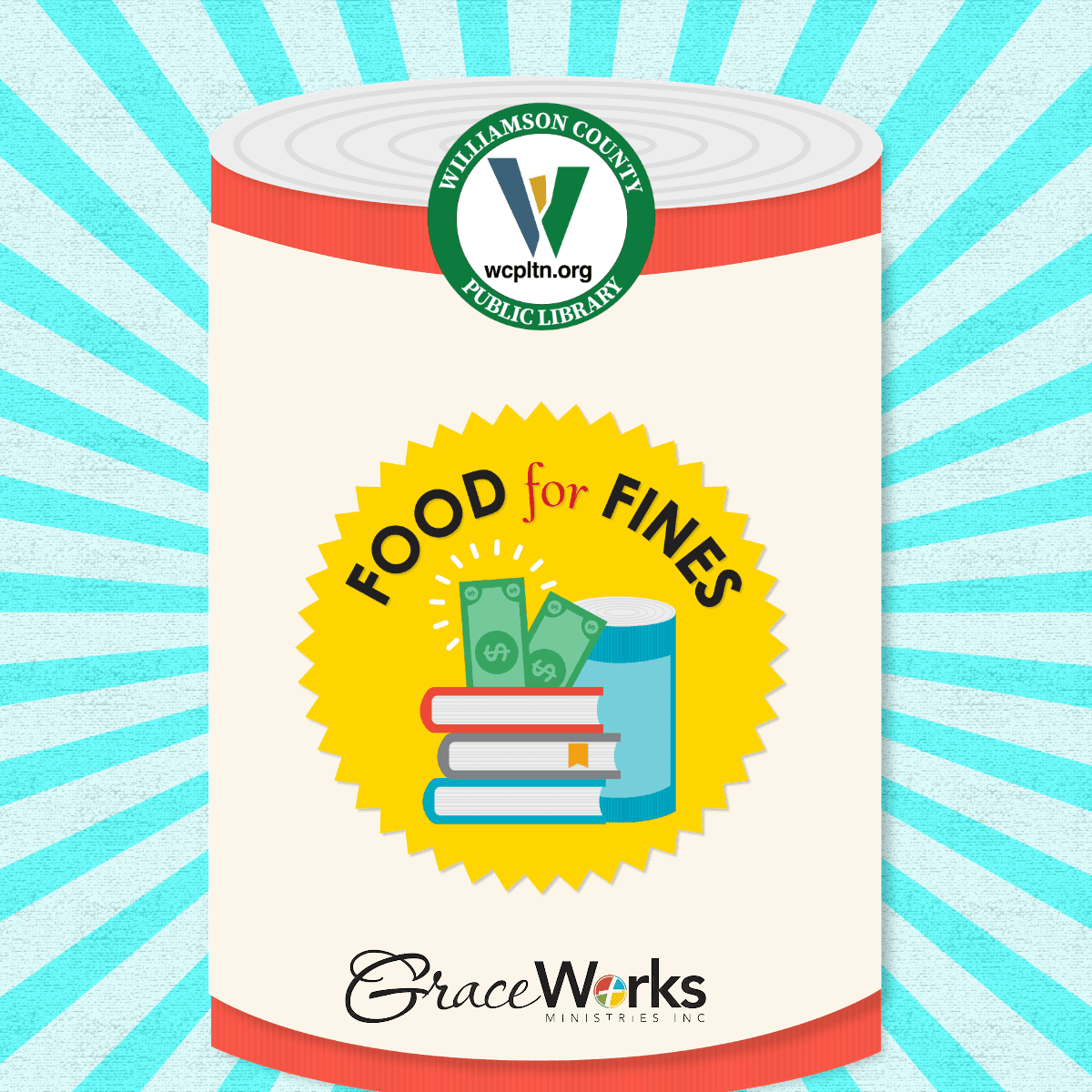 can with food for fines graphic as a lable with the library and Graceworks logos