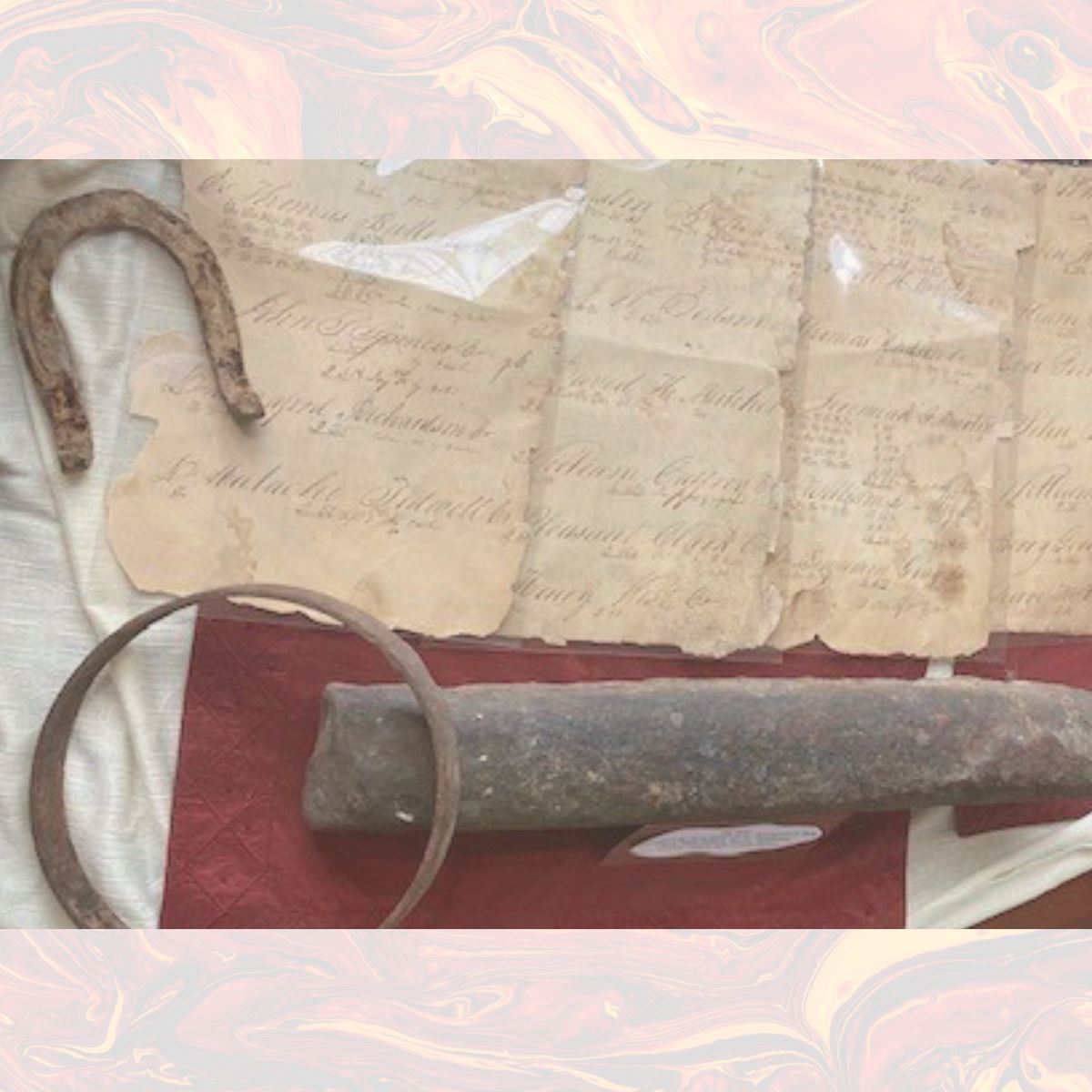 ironworks artifacts photo: ledger, cast iron bar on a molten lava background