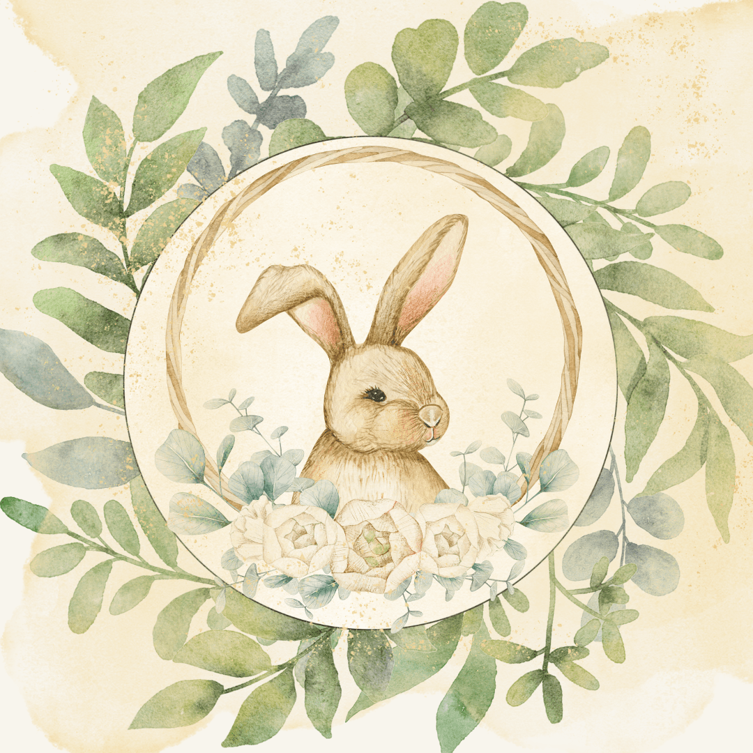 sepia watercolor of a brown rabbit in a wreath with flowers and leaves