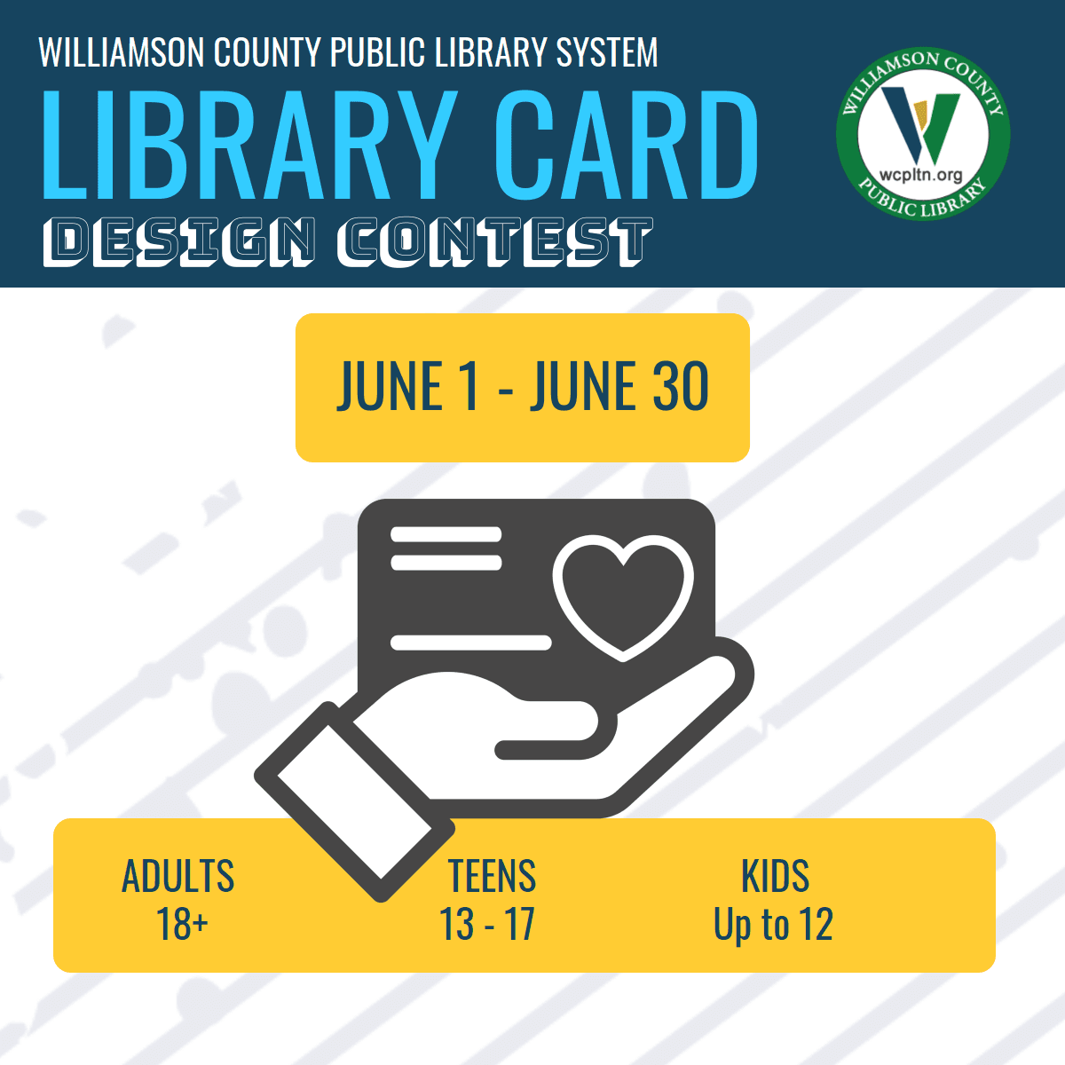 hand holding a library card with text about card design contest date and age categories